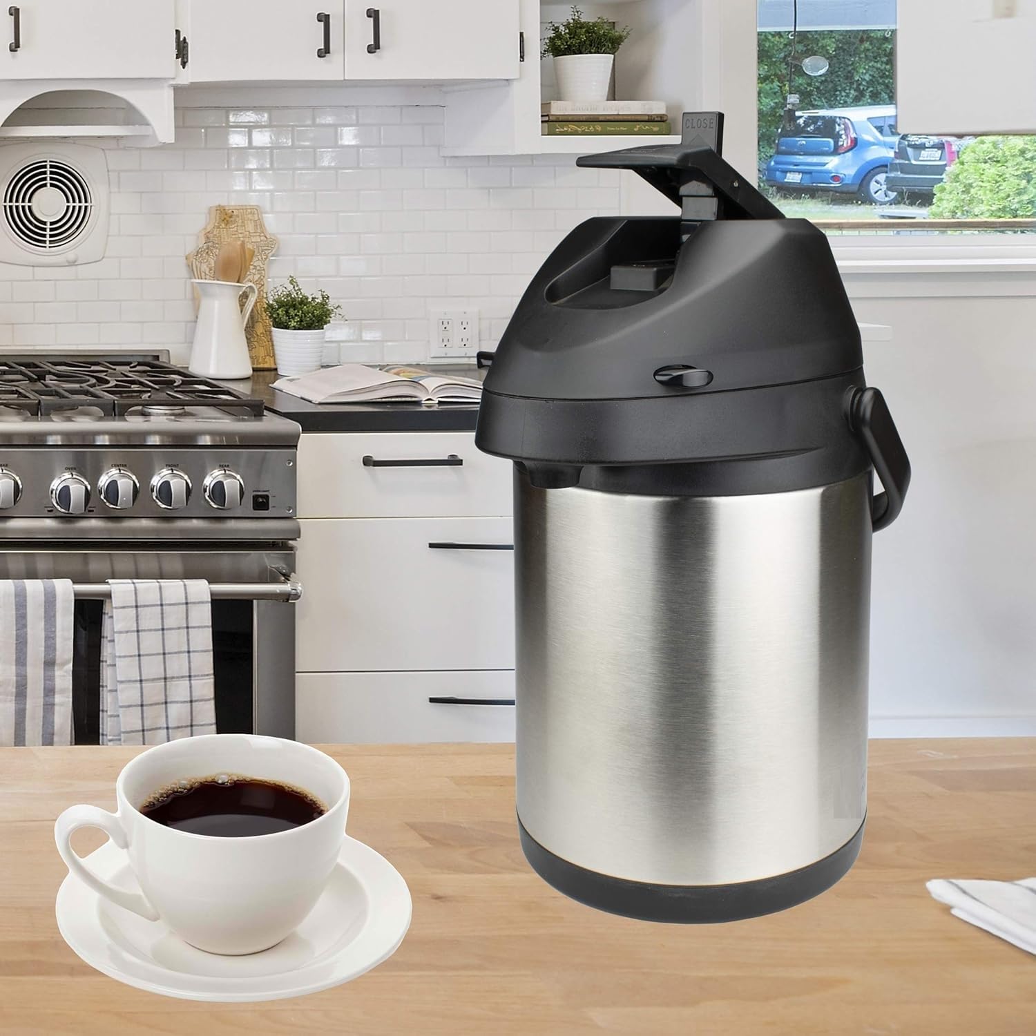 Airpot Coffee Dispenser with Easy Push Button | Stainless Steel | Double-Wall Vacuum Insulated Thermos | Effectively Keeps Beverages Hot or Cold