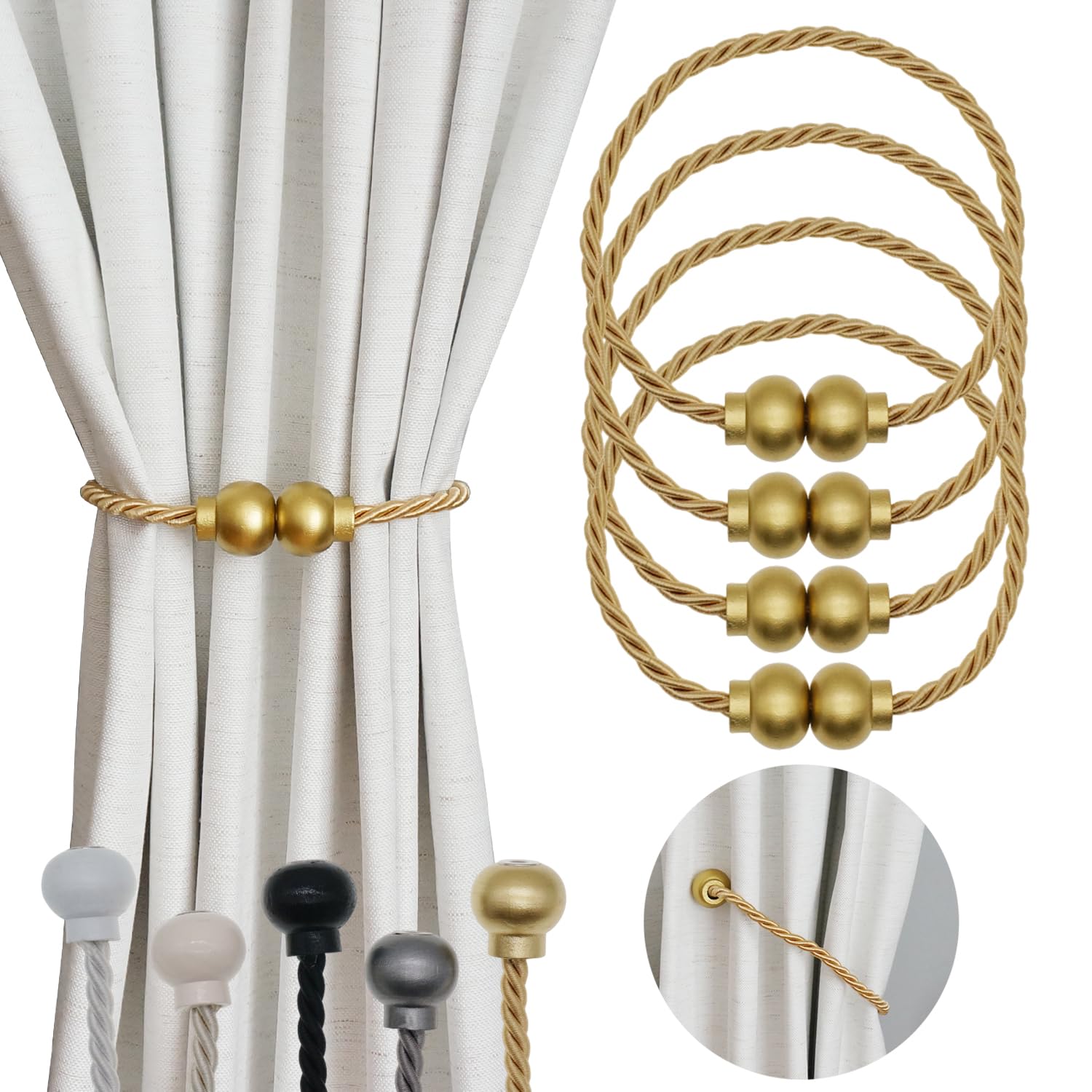 4 Pack Magnetic Curtain Tiebacks Modern Handmade Rope Curtain Tie Backs Decorative Drapes Weave Holdbacks for Home Outdoor Bedroom Office Decorative Curtain, Gold