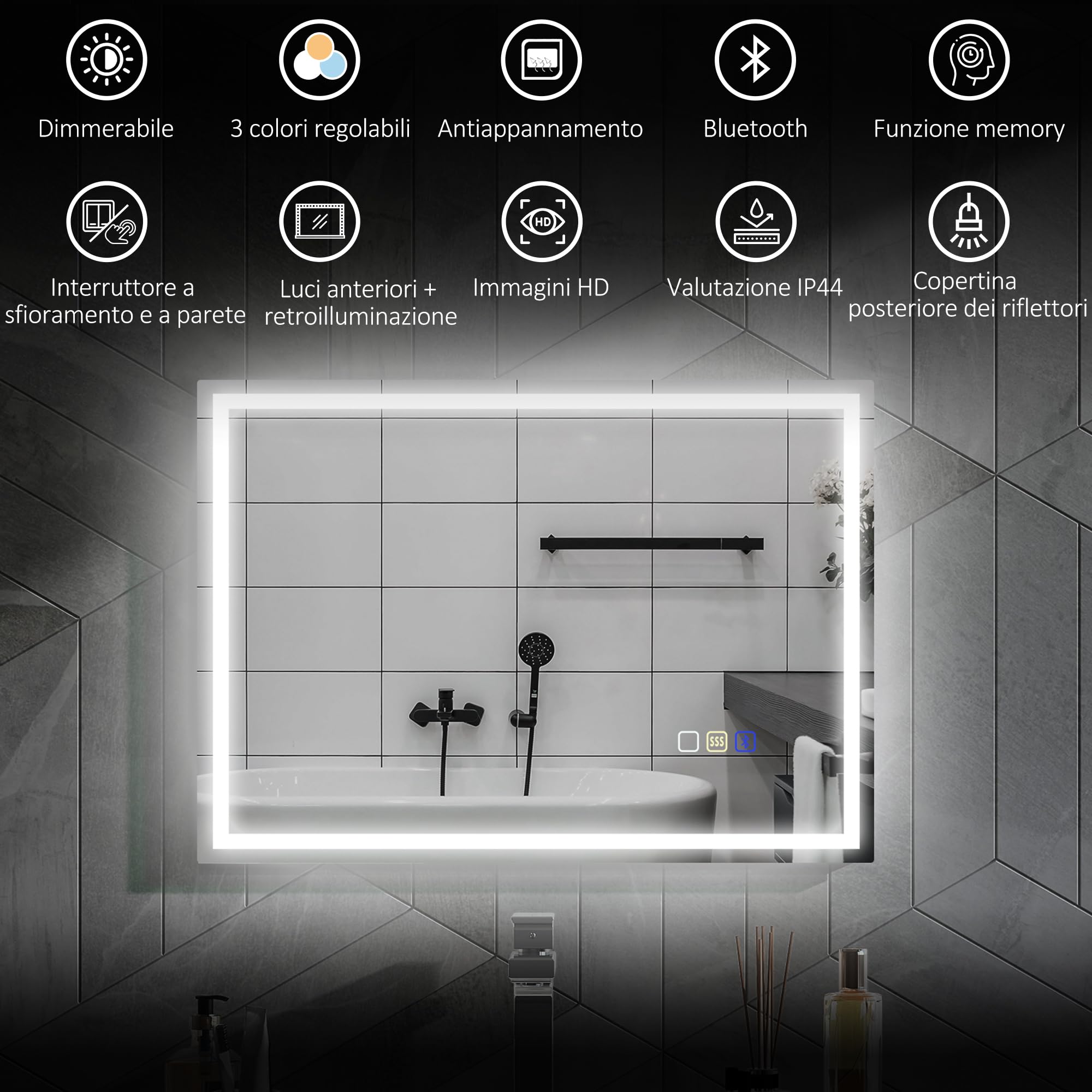 HOMCOM, Specchio da Parete con Luce LED e Speaker Bluetooth 100x80 cm | 3 Colori, Luminosità Regolabile, Funzione Memoria, Antiappannamento, Interruttori Touch, Orizzontale/Verticale