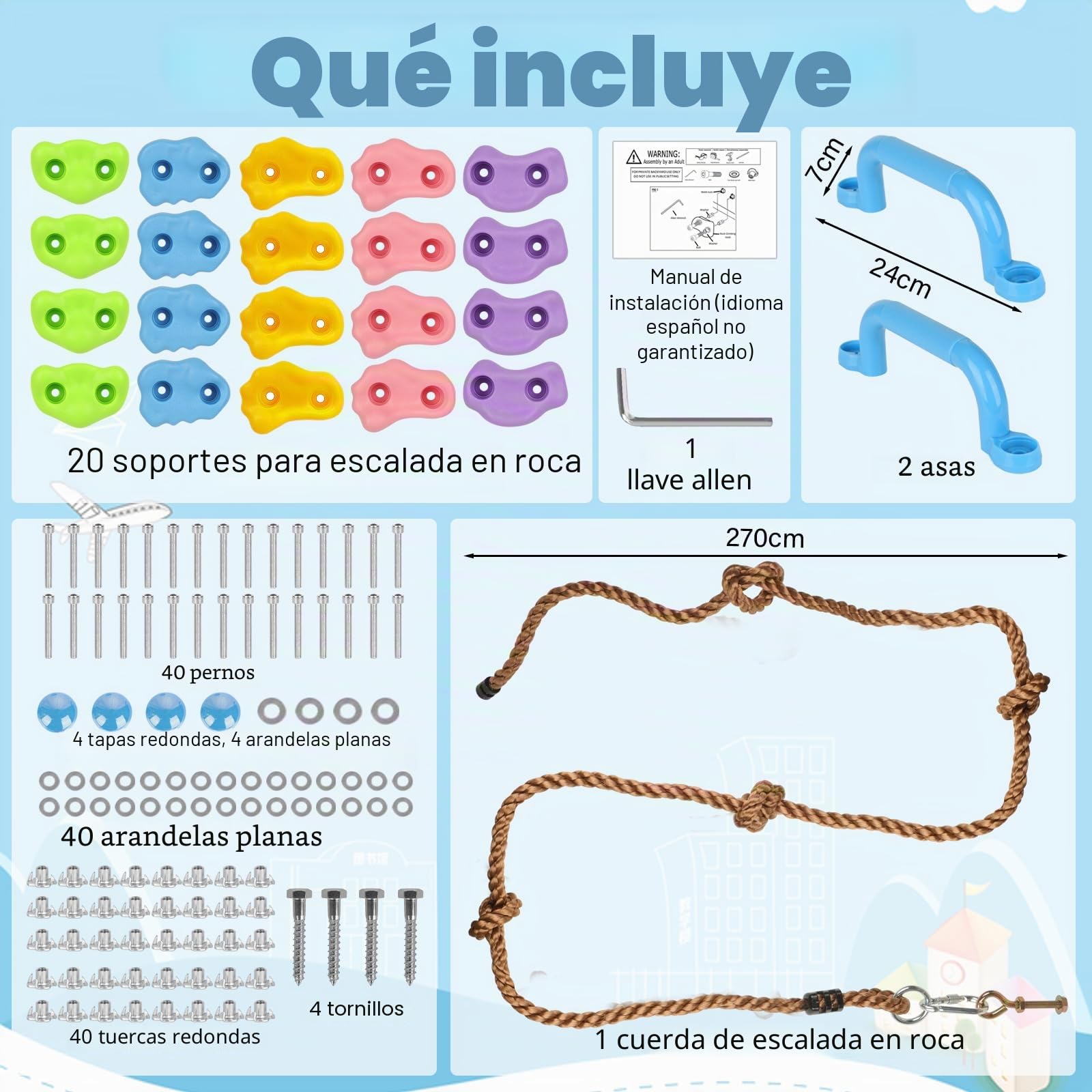 20 Piezas Presas Escalada Niños, Piedras escalada al Aire Libre | Soportes Escalada Accesorios con 270 cm Cuerda Escalada Anudada y 2 Agarraderas Verdes para Juegos Infantiles Interior y Exterior