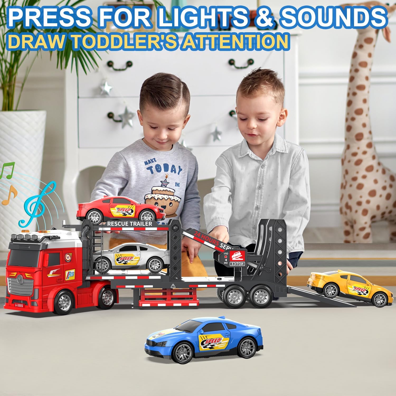 DOWELLIN Carrier Truck Race Car Toys for 3 4 5 6 7 Years Kids, 21.5" Friction Powered Double Layer Semi Transport Truck Toy with 4 Racing Cars, Light&Sound Vehical Toys, Xmas Gift for Boy Girl-Red