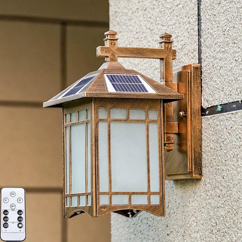 Lámpara Solar de Pared Vintage con Control Remoto y Temporizador Luz de Pared de Oro IP65 Impermeable Pantalla de Cristal Aplique de Noche Regulable Luz LED de Pared con Sensor para Jardín Valla