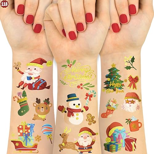 SOOVSY 118 tatuajes temporales para niños que no se repiten, estilo navideño, tatuajes falsos con Papá Noel, árbol de Navidad, renos, muñeco de
