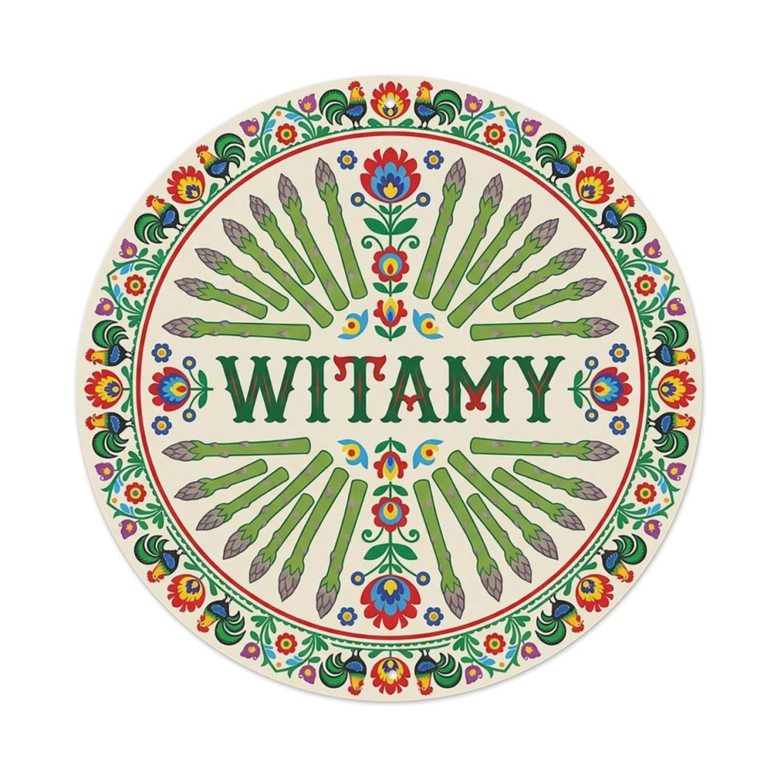 Vintage Polish Folk Art Witamy Welcome Asparagus Green Metal Tin Sign