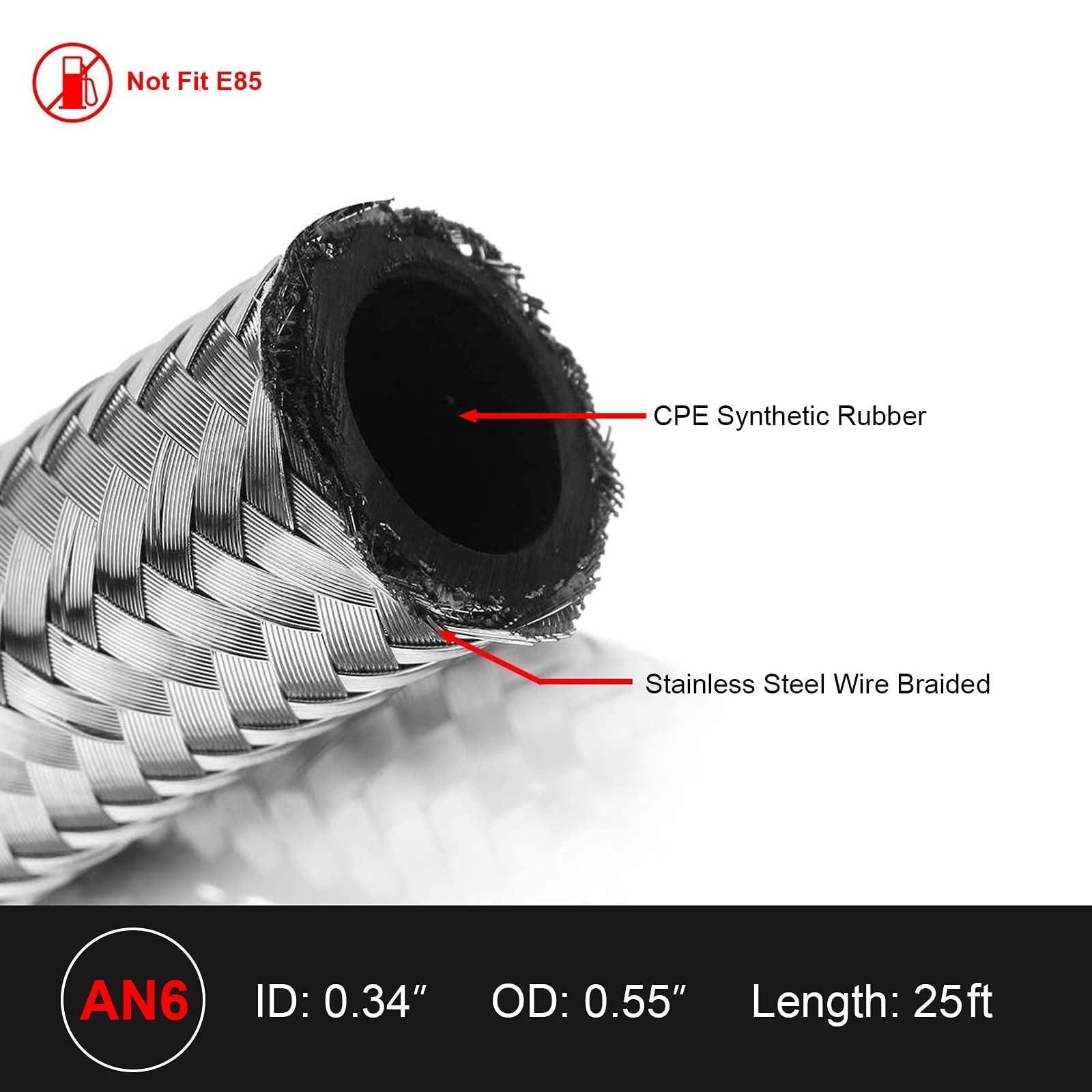 Tubo carburante da 3/8 6 AN 6 m, tubo carburante AN6 da 3/8", tubo universale in acciaio inossidabile argentato intrecciato in nylon CPE tubo olio gas (non adatto E85)