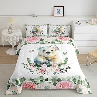 Manfei Cartoon Bear Comforter Set Queen Size, Watercolor Flower Leaves Bedding Set 3pcs for Kids Girls Adults Room Decor, Floral Animal Down Comforter Soft Polyester Quilt Set with 2 Pillowcases