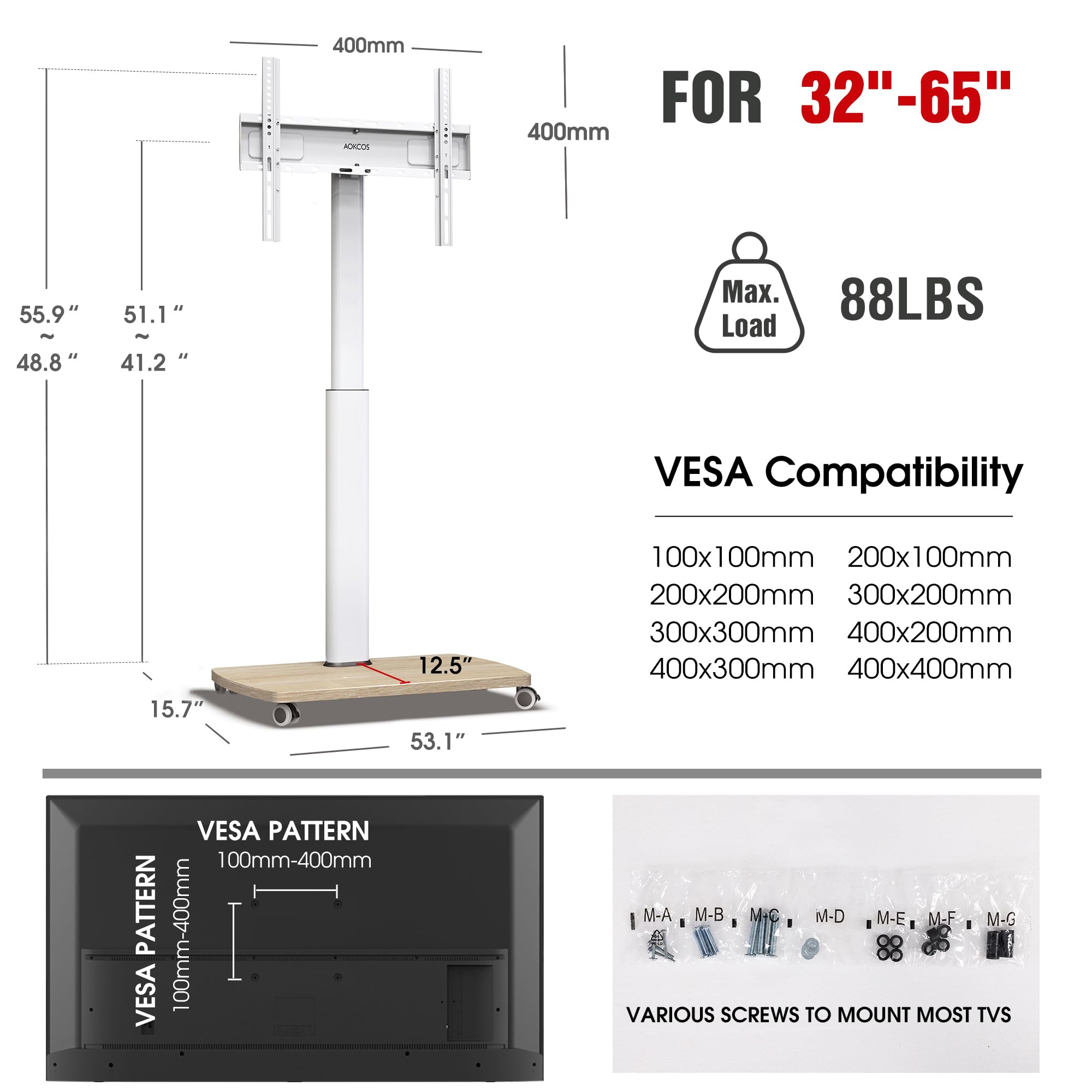 AOKCOS Support TV roulettes pour TV de 32-65 Pouces - Support TV sur Pied Plus Haut 1240 MM-1420 MM Pivotant 60° Inclinaison 12° jusqu'à 40 KG Max. VESA 400x400mm