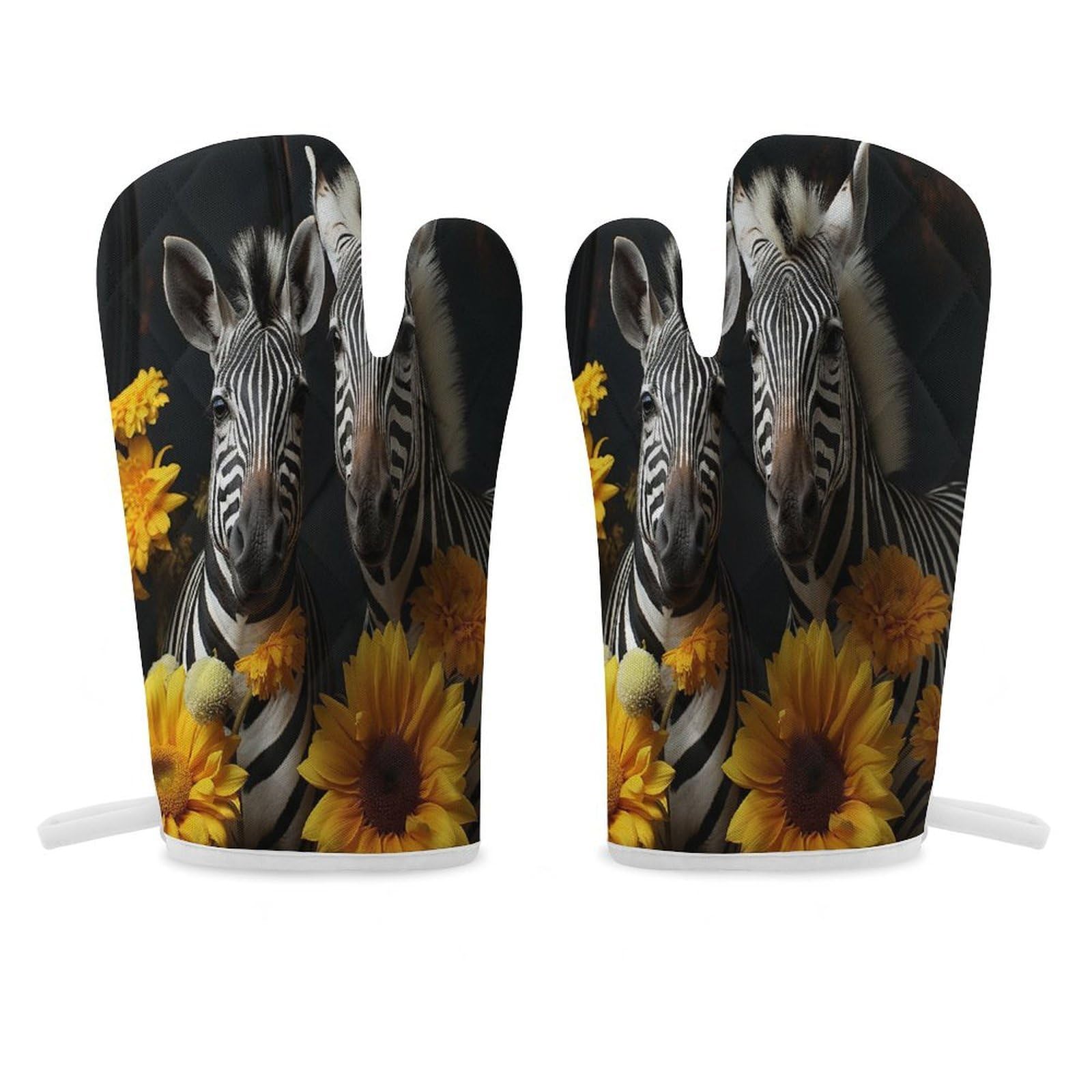 Pair of Sunflowers and Zebra on Dark Background Oven Mitt Heat Resistant Potholder Set,Durable Oven Gloves for Gifts,Glove Pot Holder for Cooking Baking Grilling BBQ
