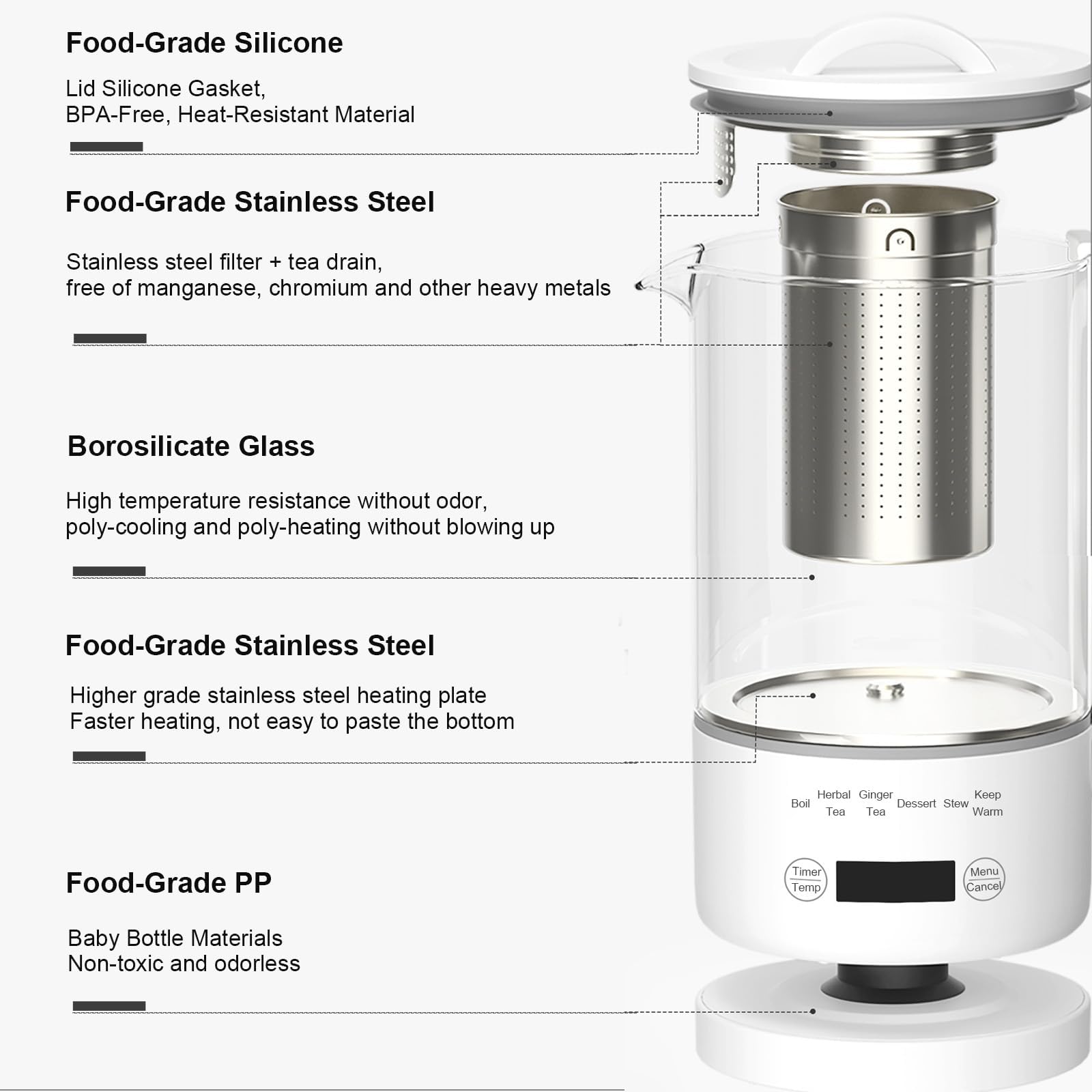 Hervidor de Vidrio 0,6L, 500W Control Temperatura, Táctil | Temporizador 24h, Sin BPA, para Té y Café, Compacto para Oficina y Hogar, Apagado Automático