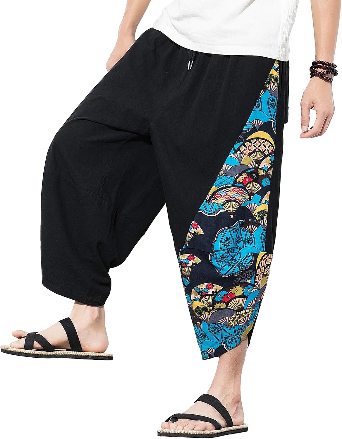 DOSLAVIDA Men's Linen Harem Capri Pants Lightweight Elastic Waist Wide Leg Cropped Trousers Casual Loose Beach Capris