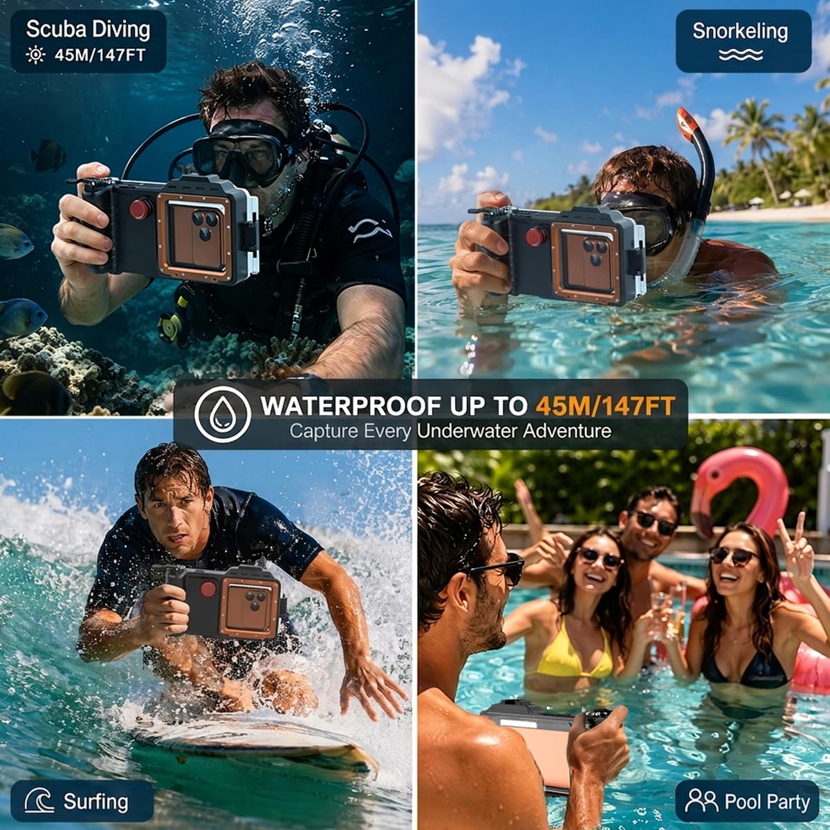 AICase Funda para teléfono móvil profesional de buceo, 45 m, resistente al agua para teléfonos móviles | Para buceo, natación y esnórquel, cámara de fotos y vídeo, compatible con iPhone, Samsung, Xiaomi y Google Pixel