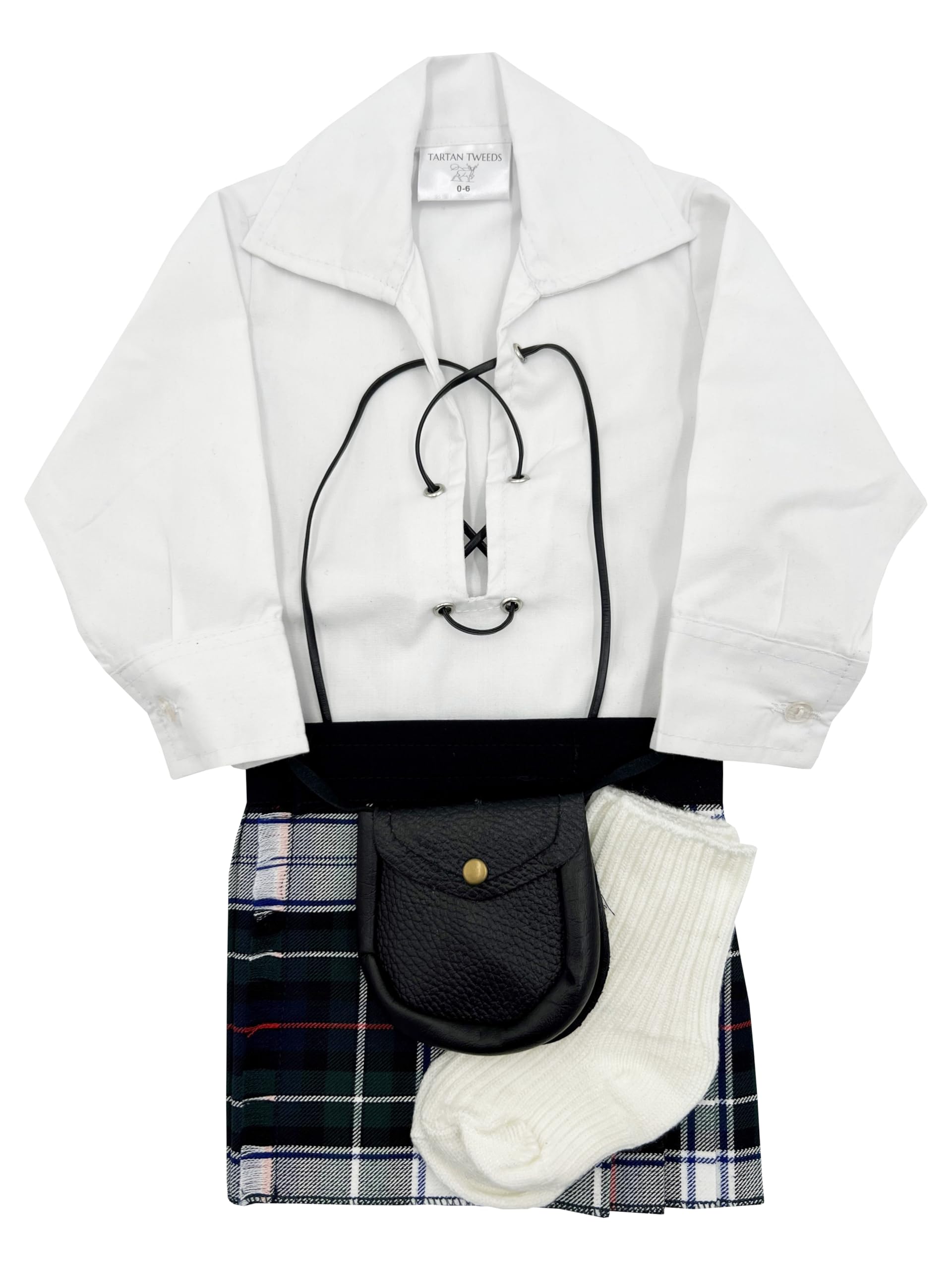 Tartan Tweeds Baby Kilt Outfit, Adjustable Waistband, Shirt, Hose, Sporran, Unisex (Mackenzie 0-6 Months)