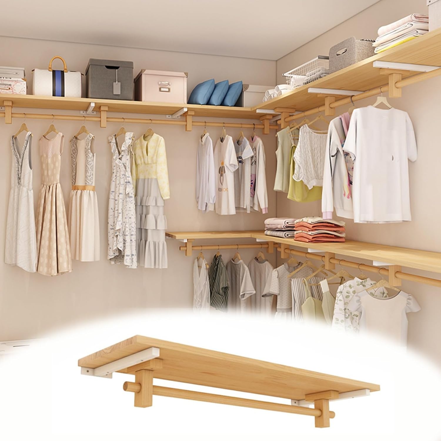 Clothes Rack with Top Shelf Wall Mounted wood Garment Clothing Rack with Hanging Rod,Closet Wardrobe Rack Floating Shelf Shoe Racks Organizer Hanger Sturdy Multi-functional Bedroom Rack,Space Saving(1