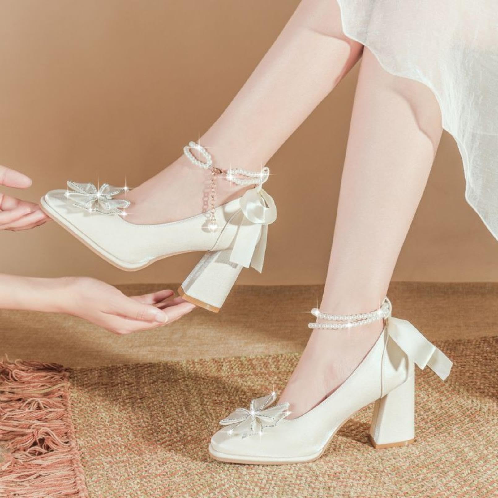 Generico Scarpe da Damigella in Raso con Punta Quadrata da Donna | Tacco A Blocco Spesso Scarpe Da Vestito Da Sposa Con Fiocco Strass, Perle Cinturino Alla Caviglia Scarpe Da Cerimonia