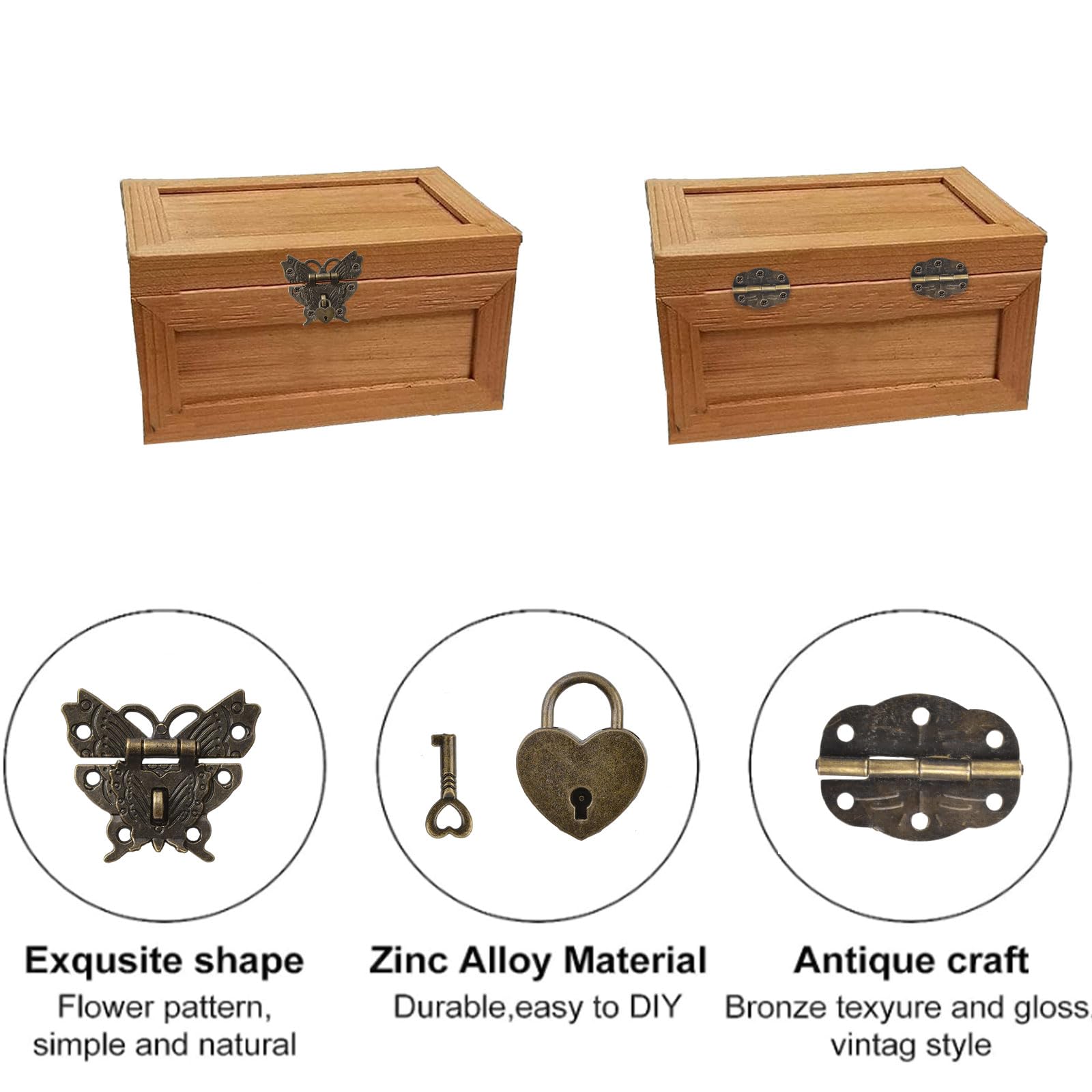 MOROBOR Antique Jewelry Box Butterfly Antique Lock Latch Hasp Box Hinges Heart Padlocks with Key for DIY Jewelry Box Wood Case Jewelry Chest Storage Box 2 Sets 8 PCS Box not Included - Image 3