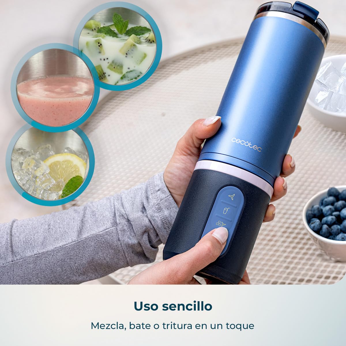 Cecotec Batidora de Vaso Portátil con 11,1V Power Titanium Shake2Go Lagoon Steel. 180W, Vaso Metal 600ml Libre BPA, 3 Programas Automáticos, Carga USB-C, Bebidas Frías por Más Tiempo