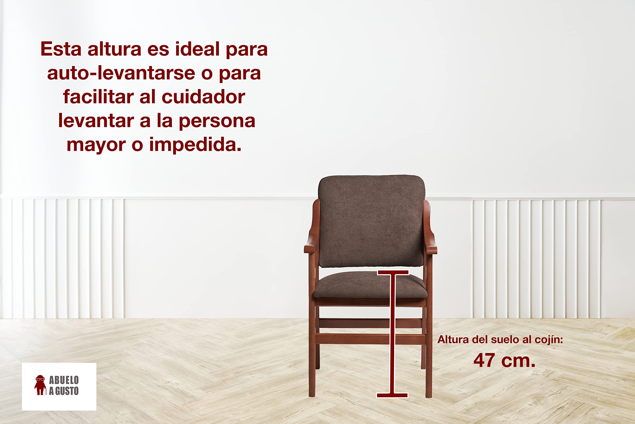 Abuelo A Gusto- Silla Comedor con Brazos de Madera en Cerezo. Tela Antimanchas (Medidas: 86x54x54 cm). Especial Personas Mayores, Espalda Recta. (Marrón)