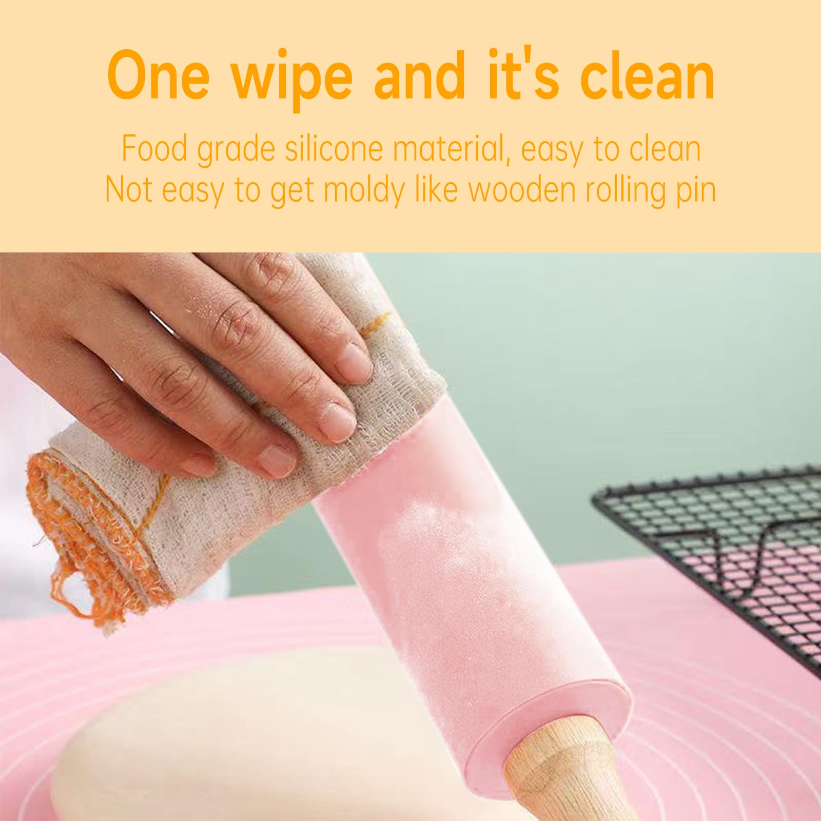 WideSmart Rouleau à Pâtisserie Silicone Avec Manche En Bois - Antiadhésif, Idéal Cuisine Et Enfants