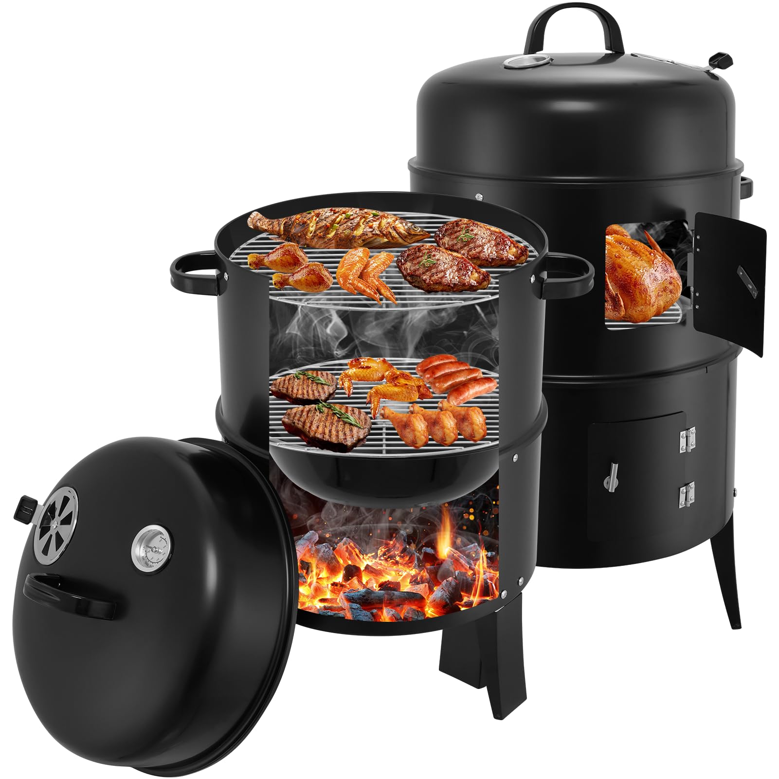 Affumicatore per barbecue, Ø 41 cm, grande griglia outdoor con termometro e 6 fessure di aspirazione, griglia a carbone per campeggio, picnic, giardino e cucina all'aperto