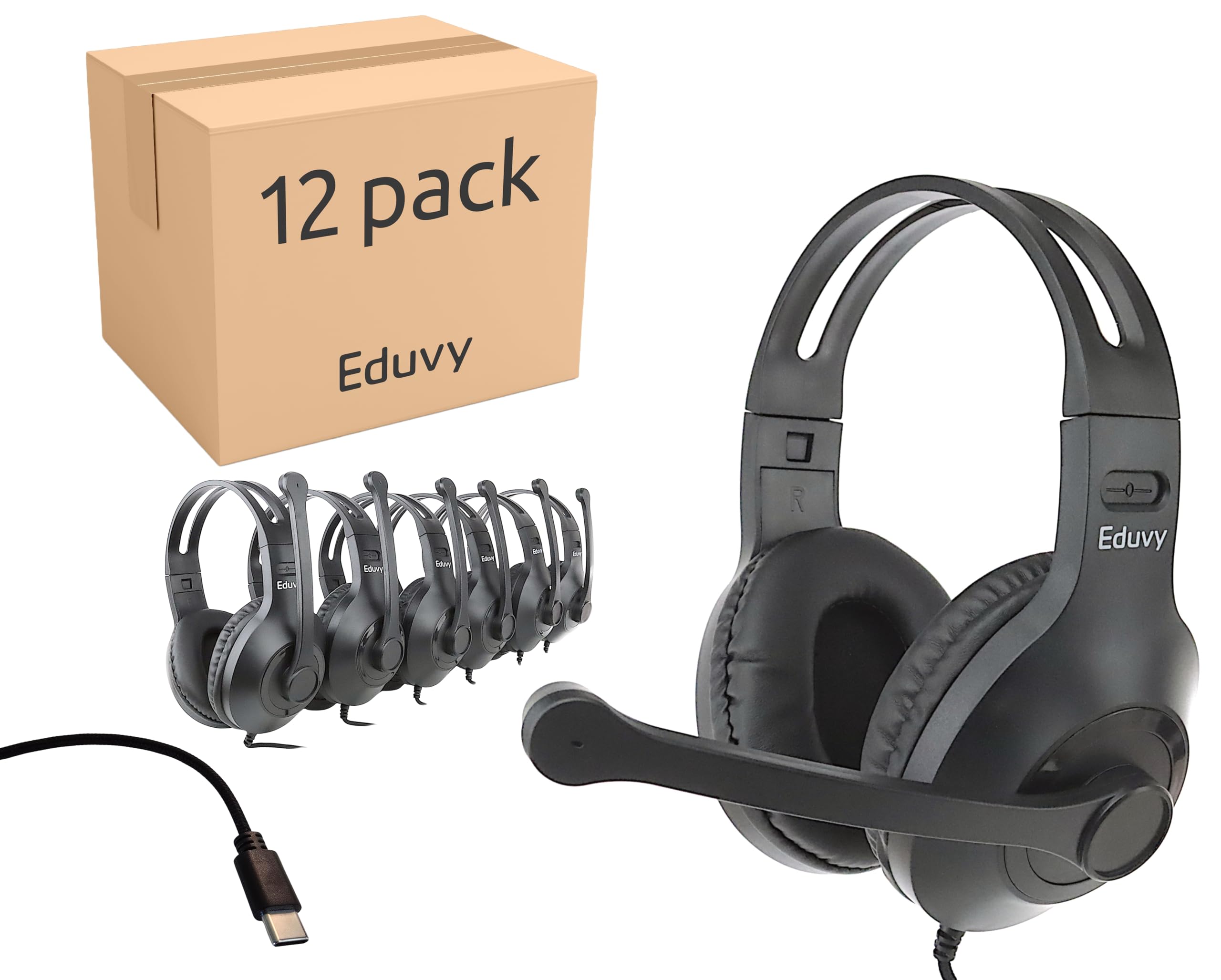 Bulk Type C Headphones for Classroom with Microphone. Heavy-Duty School Pack Wired Headphones for Students with Rotating Boom Mic. Fits USB C Ports on laptops and Tablets. (12 Pack Black)-image-34