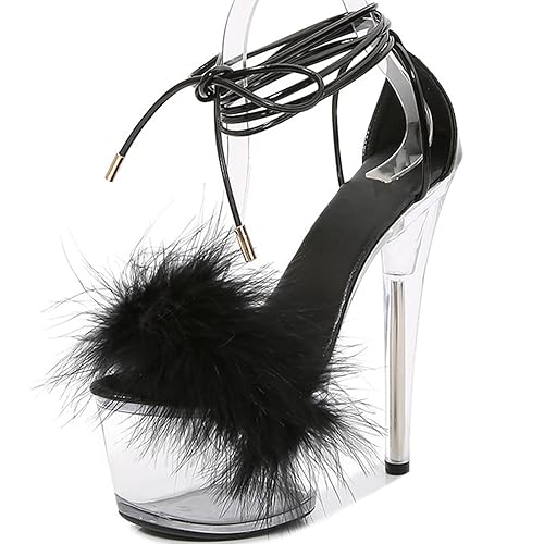 F&A LOVING Women's Lace Up Heeled Clear Platform Sandals 6.5in Stiletto High Heels Strappy Party Shoes - D-black - 10