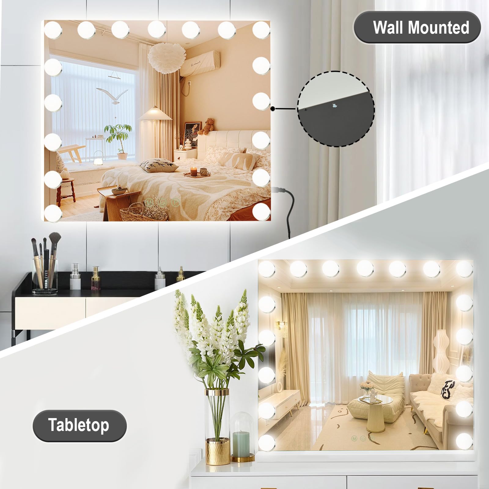Espejo de Maquillaje con Iluminación LED 17 Luces, Espejo de Tocador Hollywood con Control Táctil y 3 Modos de Temperatura, Espejo de Mesa Grande con Luz LED y Aumento 10X -70x55cm