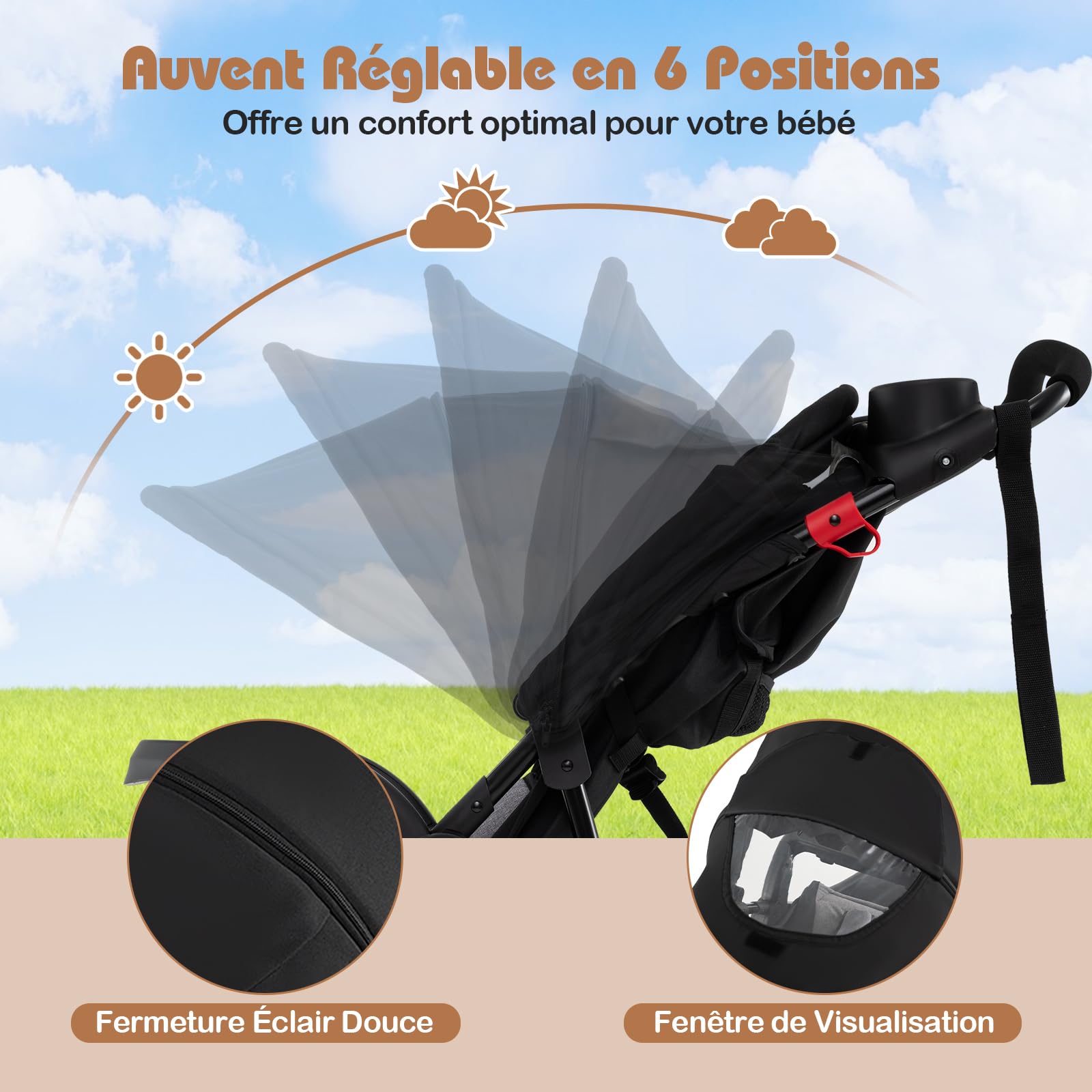COSTWAY Poussette Canne Bébé avec Capote Réglable & Siège Inclinable, Poussette Bébé Pliable 3 Roues avec Plateau Amovible & Porte-gobelets, Sac de Rangement, Pneus en Caoutchouc, 0-4 Ans, 0-22 kg