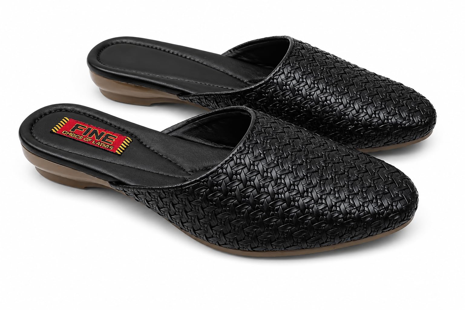 Fine Shoes of Ladies Black Woven Mule Jutti, Slip-On Flat with Textured Upper and Rubber Sole-image-35