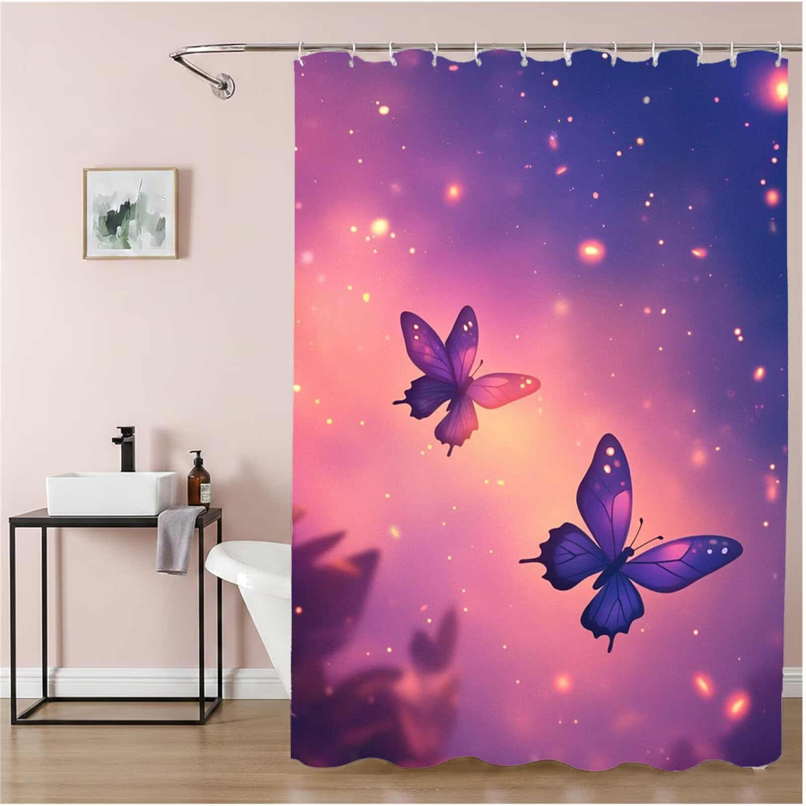 Duschvorhang 240x180 cm, Shower Curtains Schmetterling, Duschvorhänge Lila Wasserabweisend, Antischimmel, Waschbar Extra Breit Polyester Stoff Badevorhänge mit 12 Duschvorhangringe, Badezimmer 6H-230