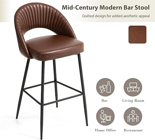 Miniatura 4 de glitzhome Juego de 2 taburetes altos modernos de piel sintética, taburetes de bar altos de respaldo medio con patas cónicas de metal, sillas de bar