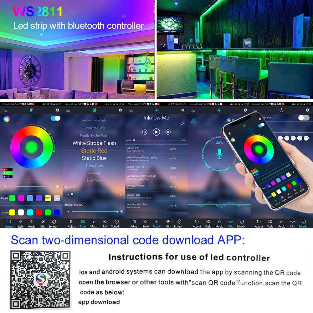 XUNATA Kit de Tira de LED RGB de Música y Bluetooth de 12 V- Dream Full Color WS2811 30LEDs/m Tira de Luz Autoadhesiva, Control Remoto, Fuente de alimentación (15m, Impermeable)