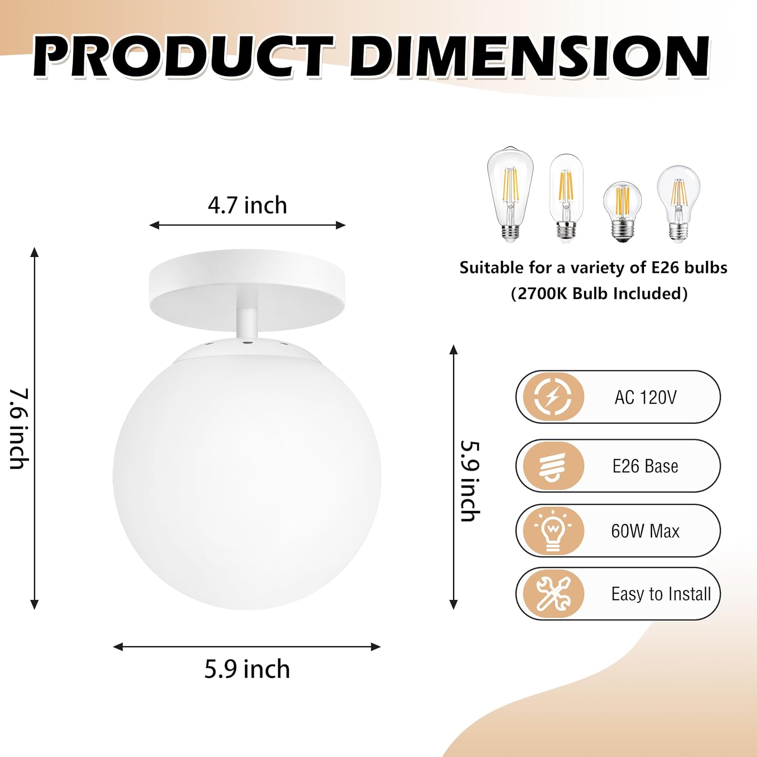 Bagood 6" White Modern Glass Globe Ceiling Lights Mid Century Ceiling Light Fixtures with Milky White Glass Semi Flush Mount Ceiling Light for Kitchen Bathroom Hallway Bedroom Entryway Bulb Included image 4
