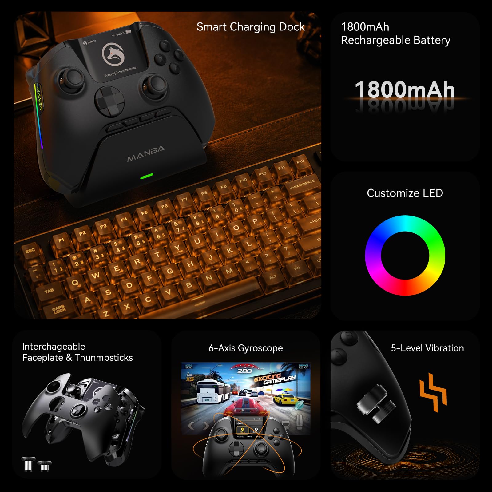 MANBA One V2 Mando Inalámbrico con Pantalla Interactiva Integrada (Negro) | Compatible con PC/Switch/iOS/Android, Hall Joystick/Gatillo, RGB, Macros, Batería 1800 mAh, Base de Carga