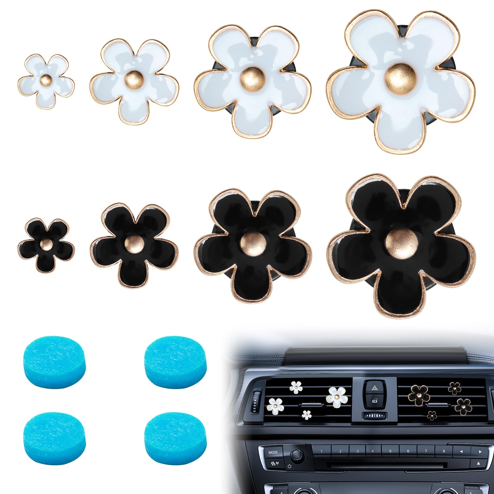 8 PCS Daisy Flower Car Air Vent Clips – Aromatherapy Diffuser Freshener with Refill Pads, 3cm White & Black Decor for Car Interiors & Air Conditioning Outlets