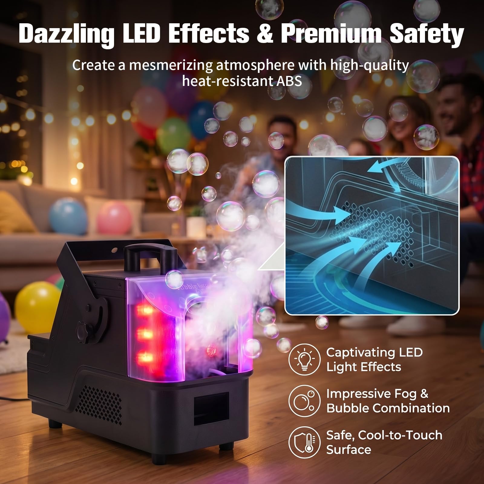 3 in 1 Nebelmaschine, Bubble Machine und Fog-Bubble Maschine mit 7 Farbe LED Licht & Fernbedienung, hohe Kapazität, langanhaltende Effekte, geeignet für Partys, Hochzeiten, Halloween, Disco und Bühne