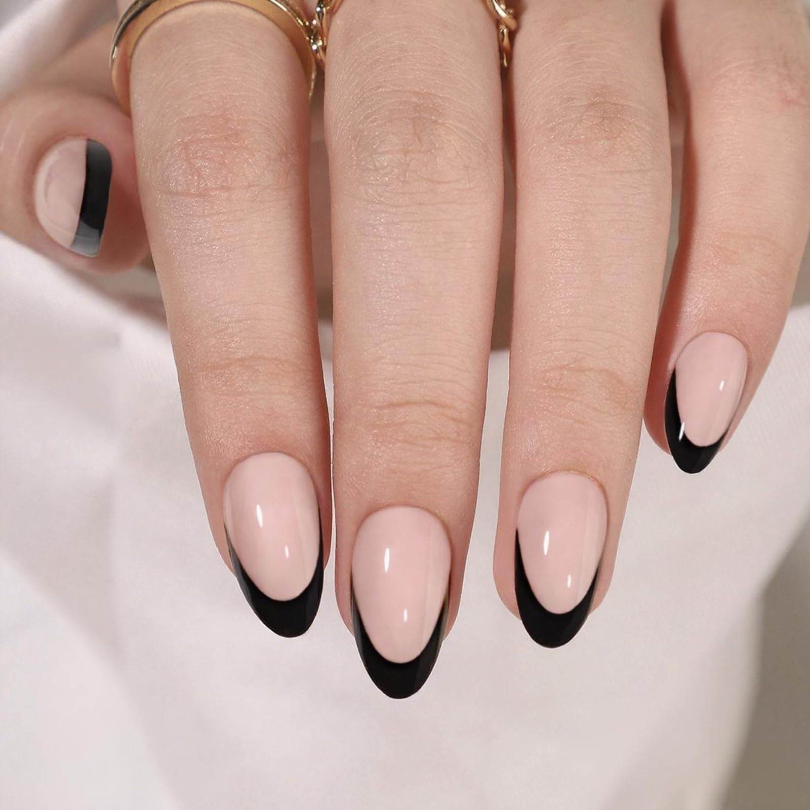 CUZIAM 32Pcs Black French Tip Press On Nails,Fall Halloween Short Almond Fake Nails Natural Nude Stick on Nail with Glue, Reusable Glossy Soft Gel