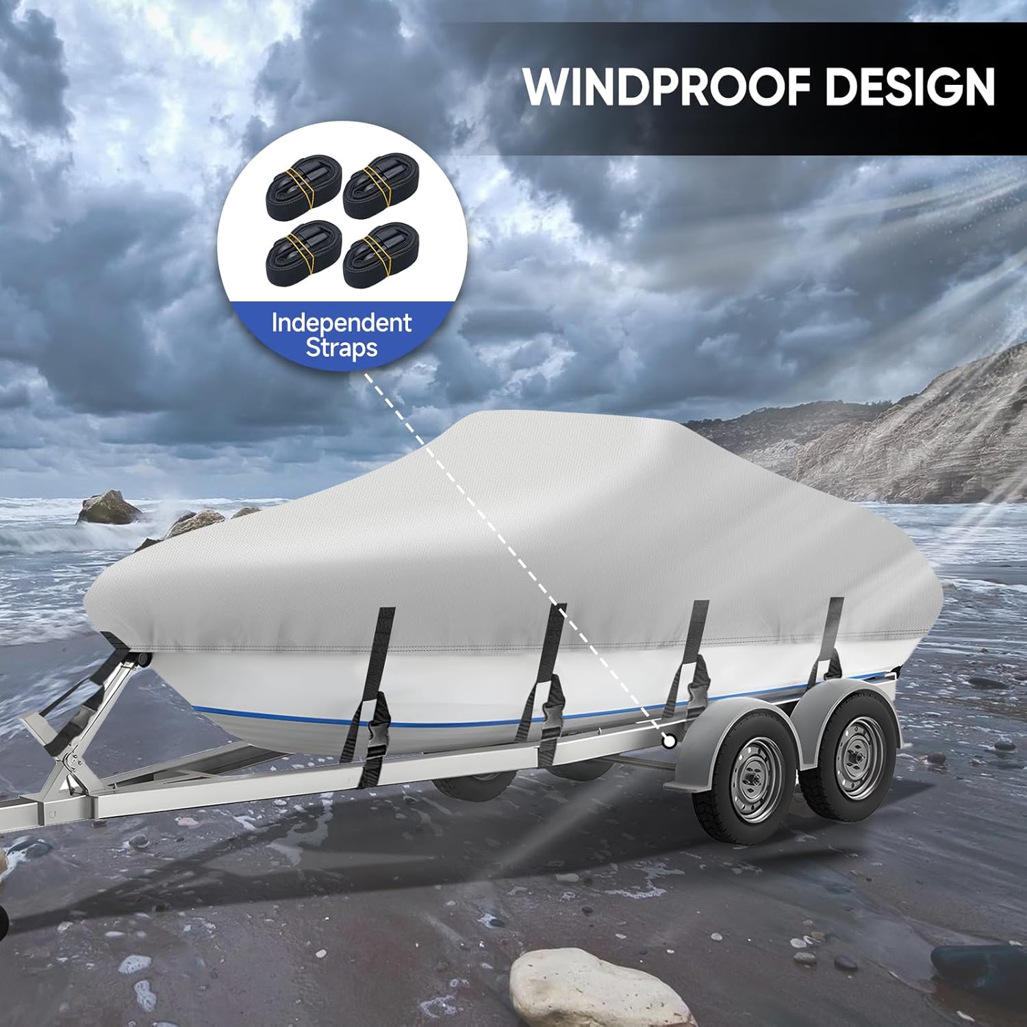 NEVERLAND Boat Cover 17-19 ft 600D Waterproof Boat Covers Fits Bass, V-Hull, Tri-Hull, Fish & Ski, Runabout Bowrider Boat, 17' 18' 19' feet Heavy Duty Canvas Trailerable Boat Cover Gray