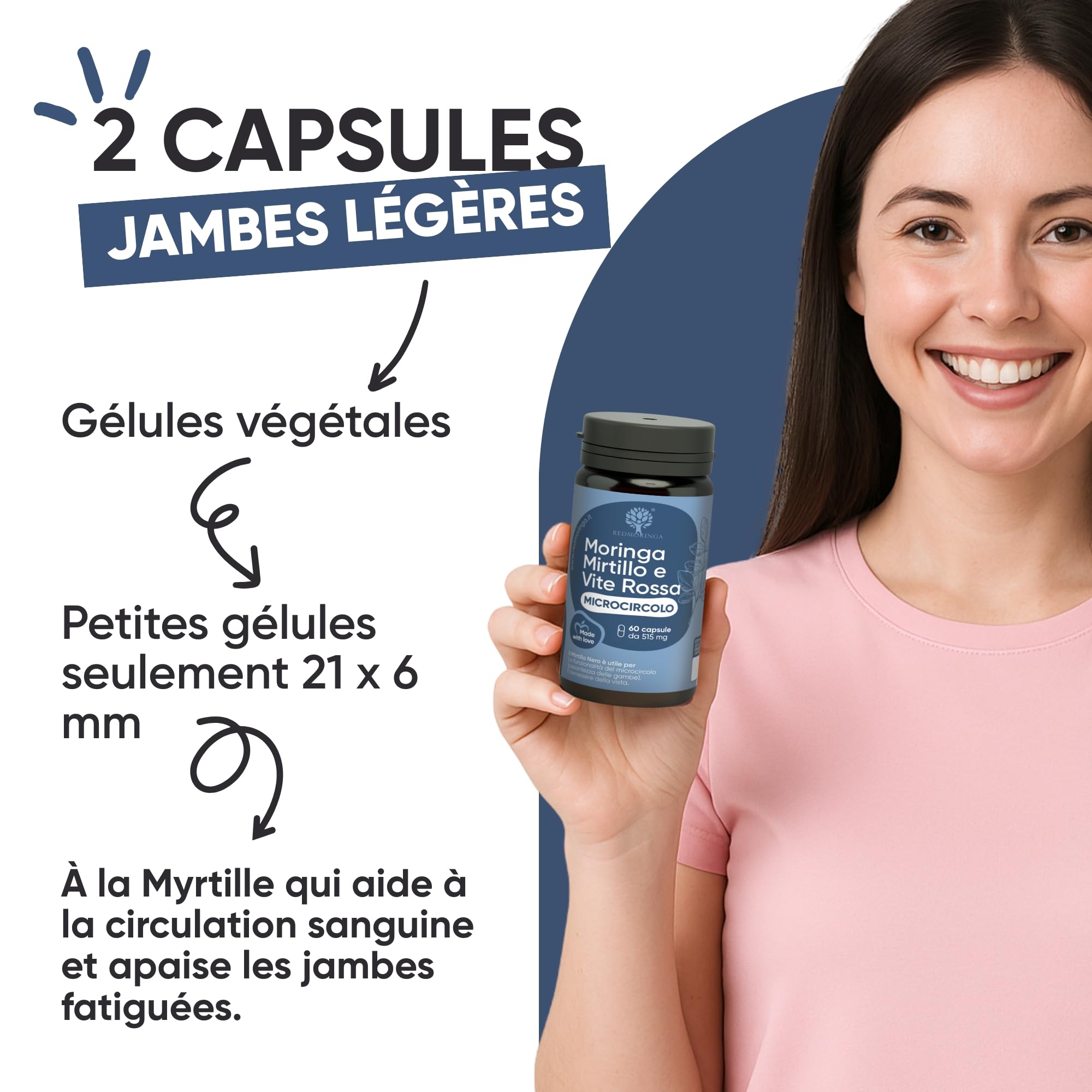 RedMoringa - Supplément Anti Jambes Lourdes & Circulation Sanguine - avec Moringa et Myrtille Noir - Jambes Légères, Drainage Naturel - 100% Naturel - 60 Gélules Végétales
