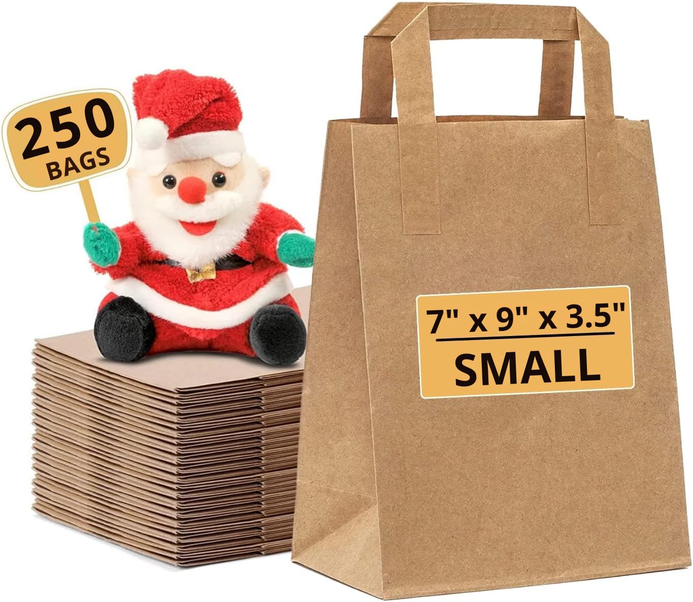 Mega Packaging Brown Paper Bags With Handles - 250 Small Paper Bags (W7" X H9" X D3.5") - Small Sos Kraft Bags - Perfect For Lunch, Party, Gift, Storage, Packaging, Grocery Takeaway, Sandwich