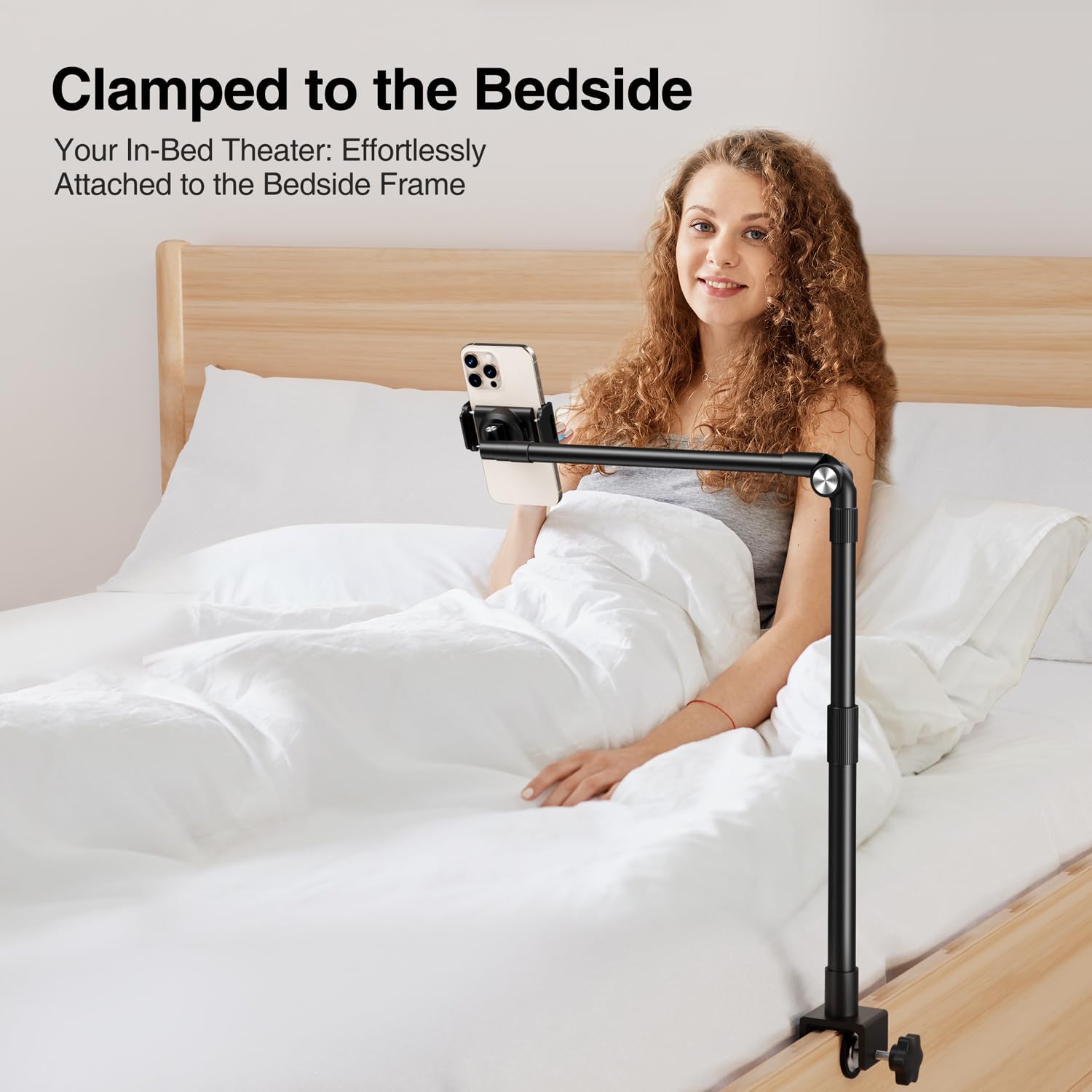 elitehood Aluminum Arm Phone Holder for Bed [360° Swivel Tilt Rotation], Adjustable Bedside Phone Holder Laying Down, iPhone Stand for Bed Desk Overhead, iPhone Clamp Mount Fit All 4-7’’ Cellphone