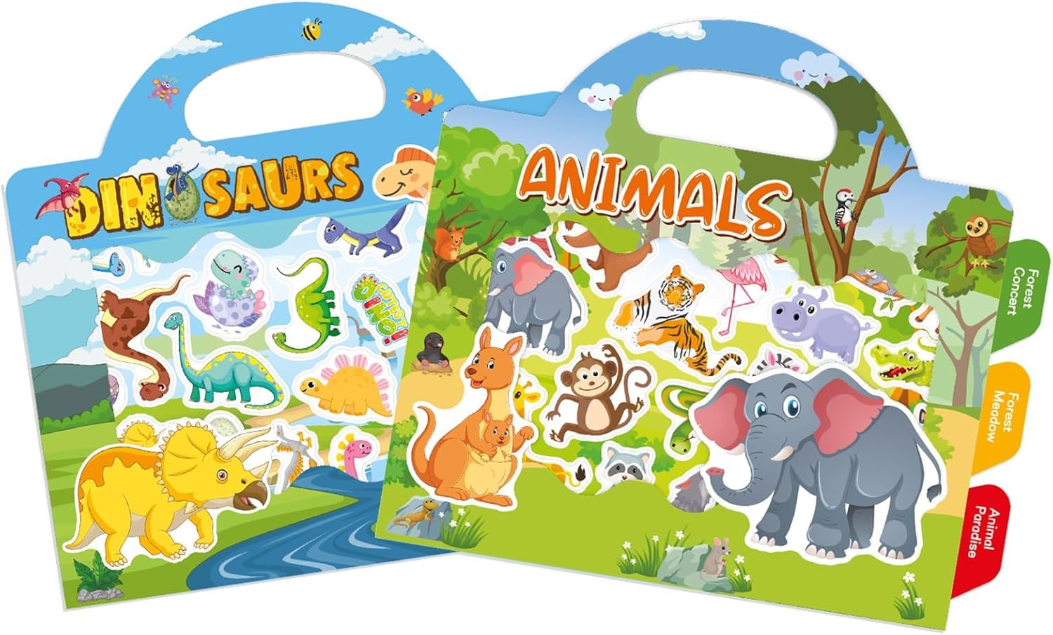 GUYUCOM 2 Pack Reusable Sticker Books for Toddlers - Static Cling Sticker Activity Book for Kids, Dinosaur & Animal Travel Toys for Plane Car Window, Educational Gifts