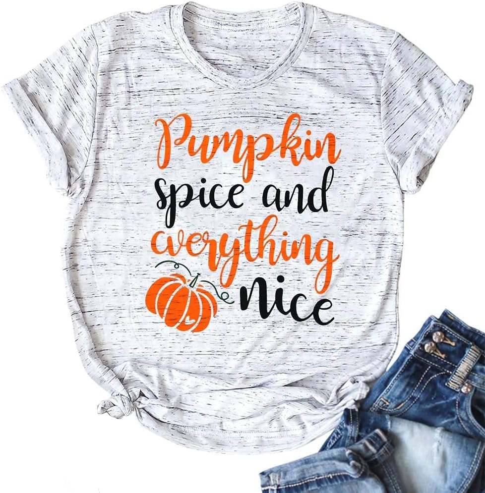 FLOYU Pumpkin Spice and Everything Nice Shirts Women Cute Pumpkin Graphic Letters Print Casual Short Sleeve Holiday T Shirt Tops