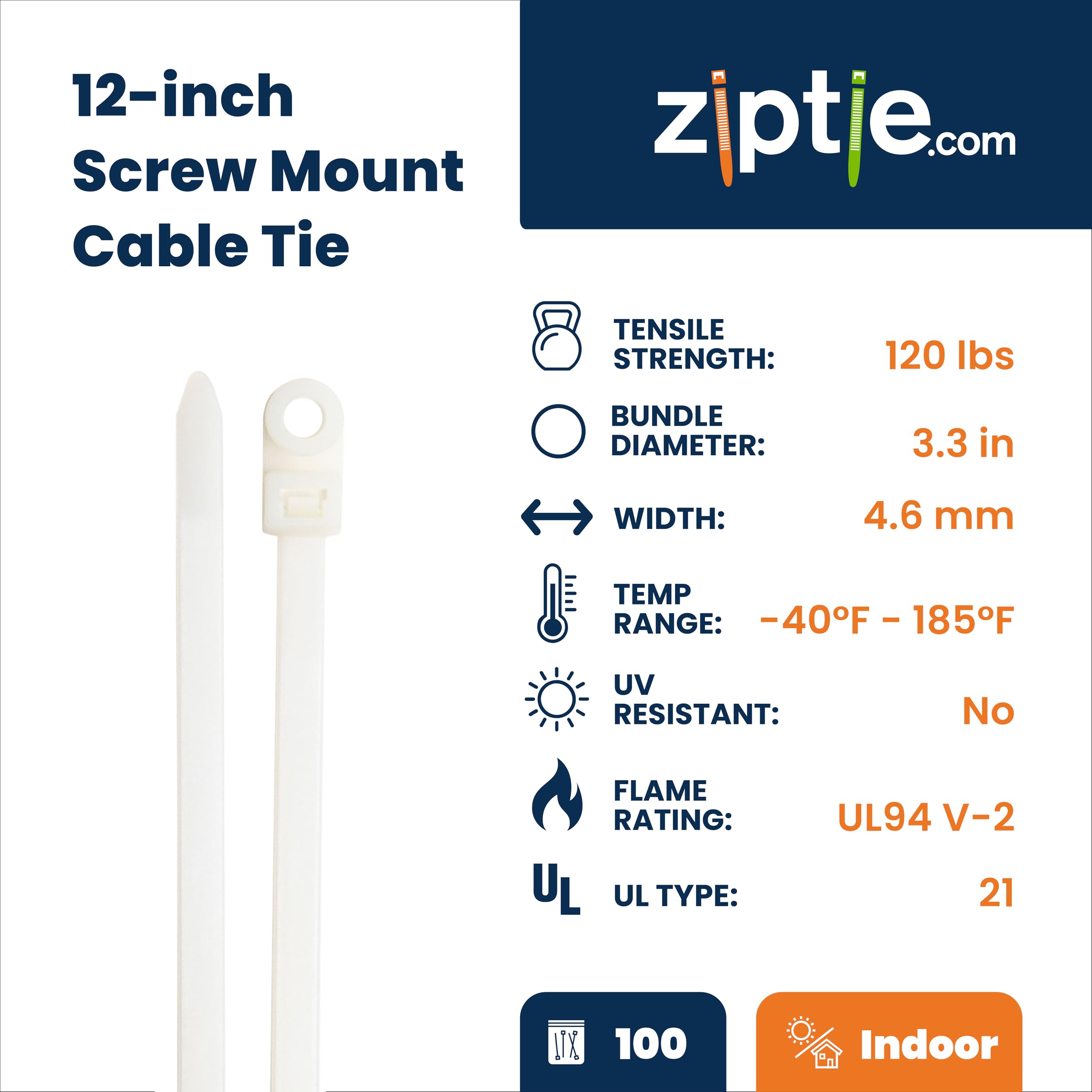ZipTie.com 30 cm naturalna opaska kablowa do montażu śrubowego, wytrzymałość na rozciąganie 54 kg, opakowanie 100 szt