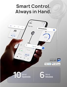 DREO Smart Pedestal Fan for Bedroom, Wi-Fi/Voice/Alexa Control, 6 Modes,10 Speeds, 12H Timer, 23dB DC Quiet Circulator Fan, 120+85 Oscillating Fans, 100ft, 40-44 Adjustable Height, Bright Silver