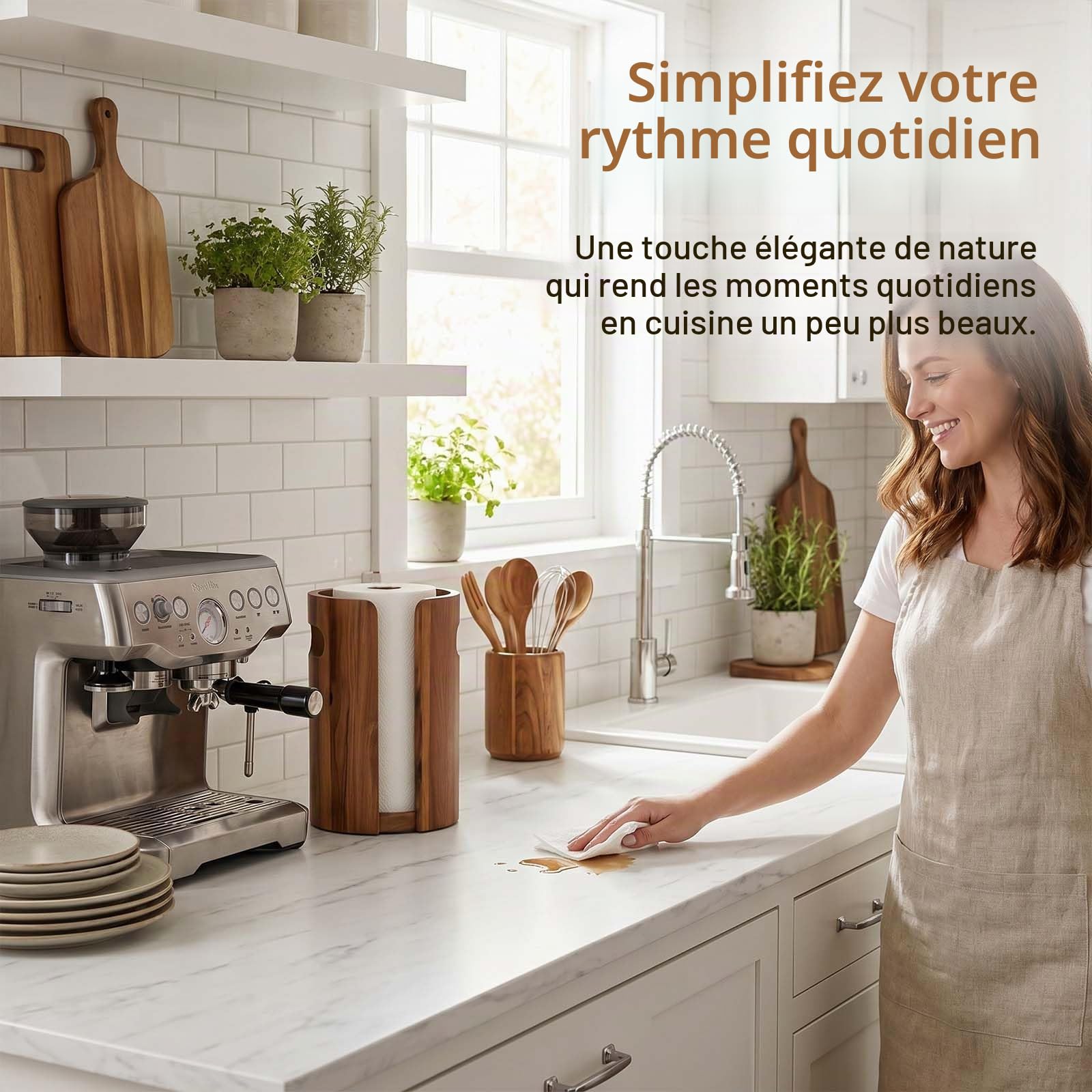 Porte Essuie-Tout en Bois pour Plan de Travail Cuisine, Support Sopalin avec Pare-éclaboussures, Poignées, Base Antidérapante et Lestée – Décor Maison Naturel pour Cuisine, Salle de Bains, Appartemen