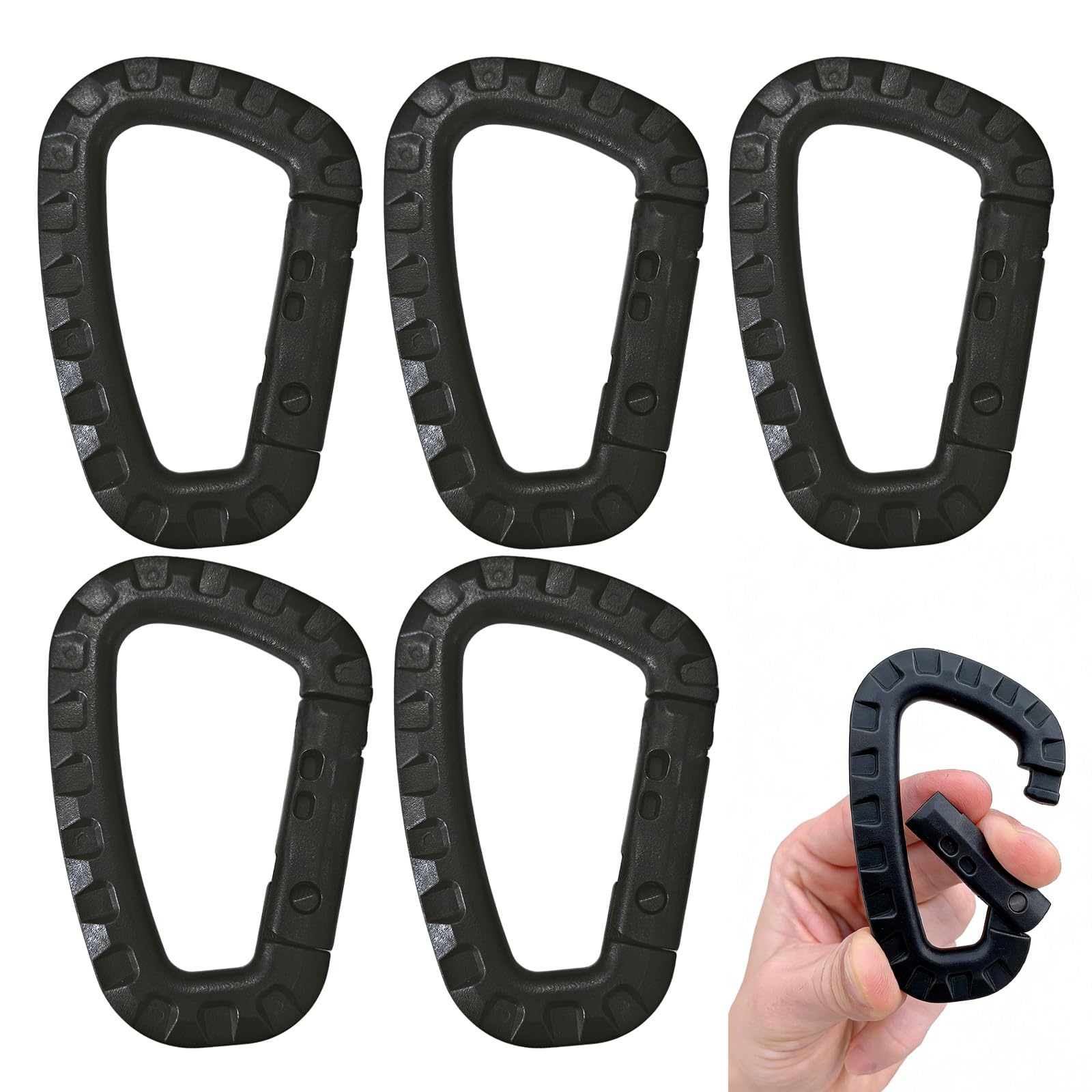 Mousquetons en Plastique – Lot de 5 – Mousqueton Tactique Militaire Noir avec Fermeture à Ressort, Léger et Polyvalent pour Camping, Randonnée, et Activités Extérieures- Forme de D, Carabiner