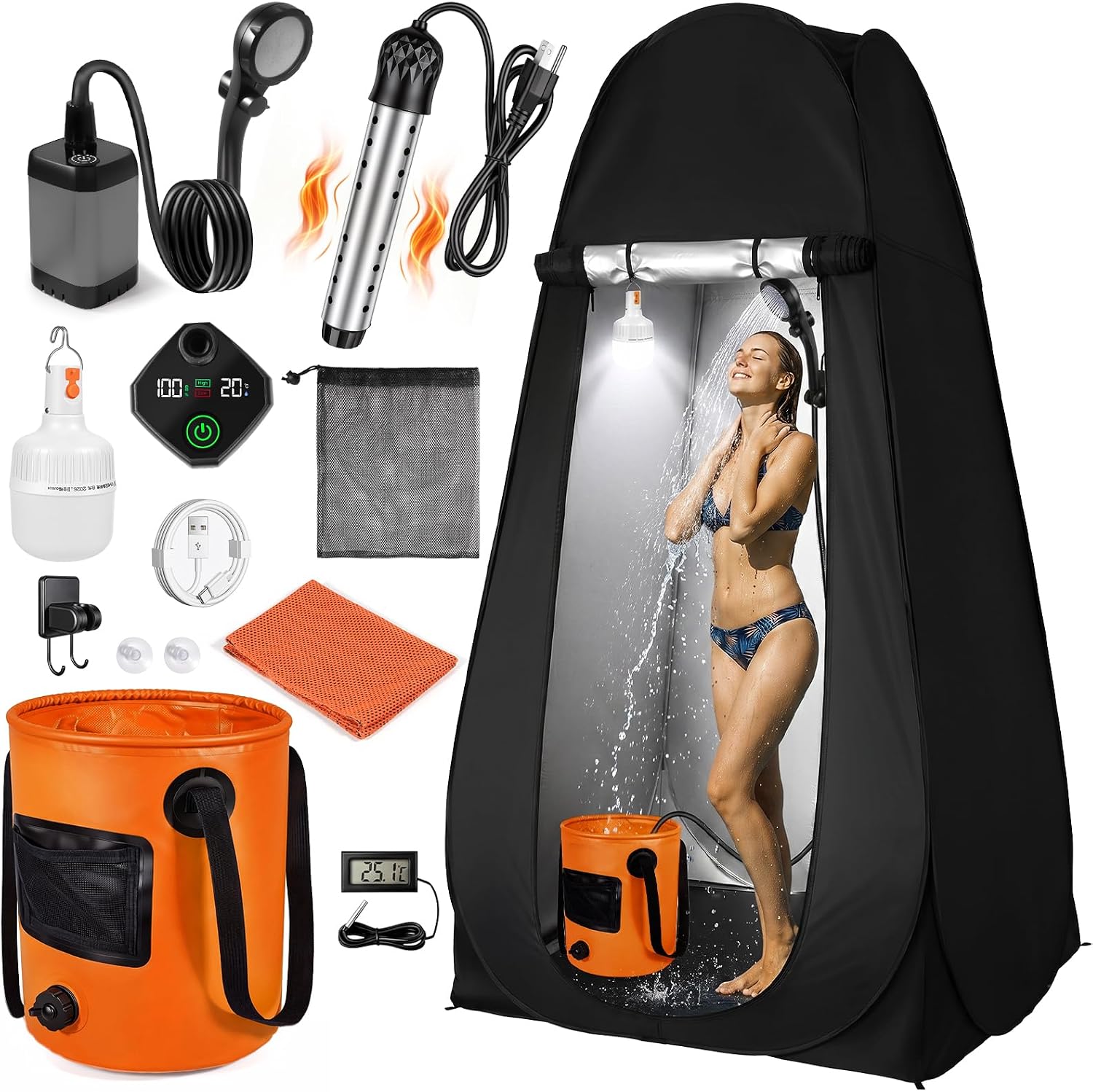 Kit de ducha portátil para camping con tienda de privacidad y calentador de agua para exteriores miniatura 8