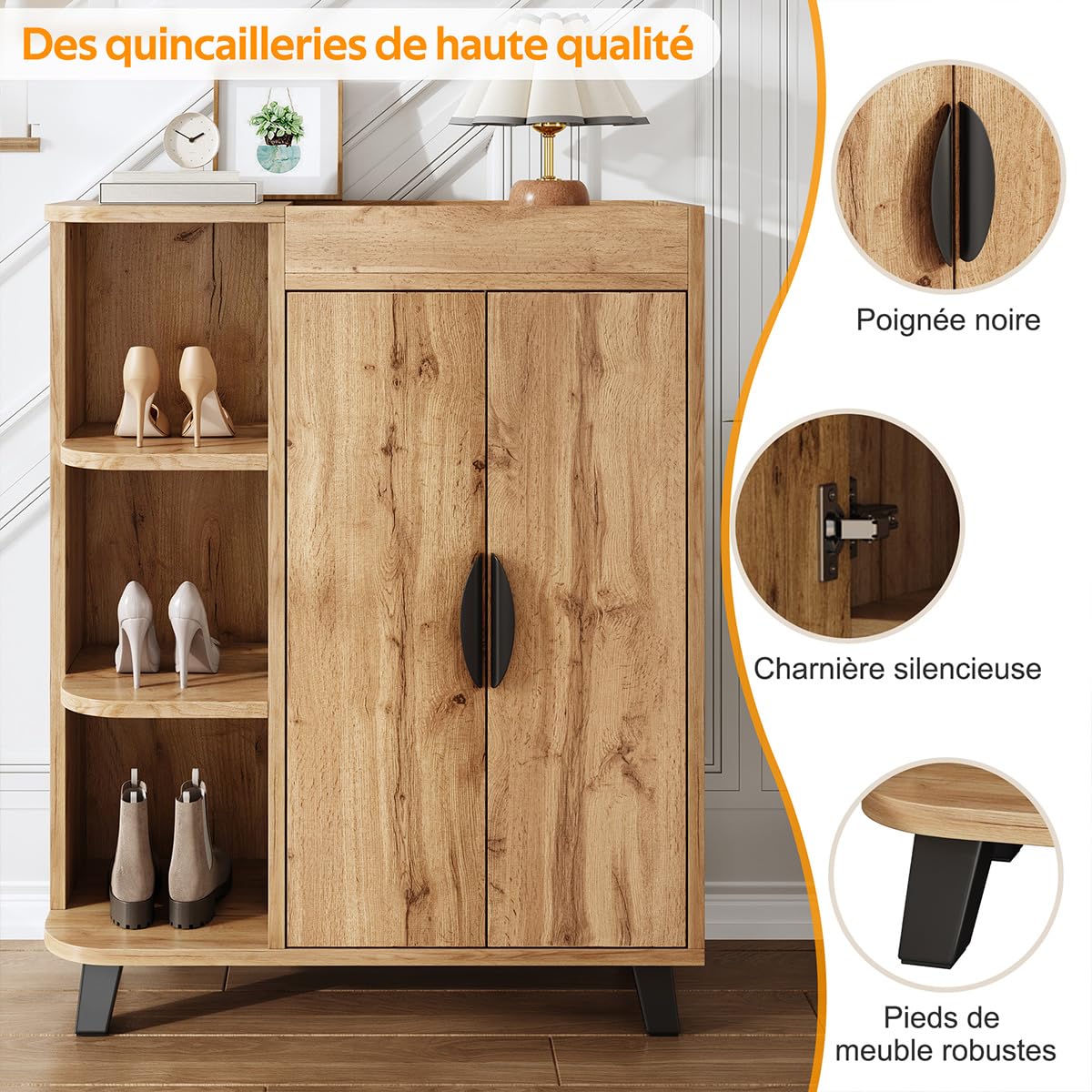 Armoire À Chaussures À Deux Portes Avec Aspect Bois Et Compartiments Ouverts, Meuble Polyvalent Étroit Pour Entrée, Petit Meuble À Chaussures Pour Petits Espaces, Avec Étagère Supérieure (Naturel)