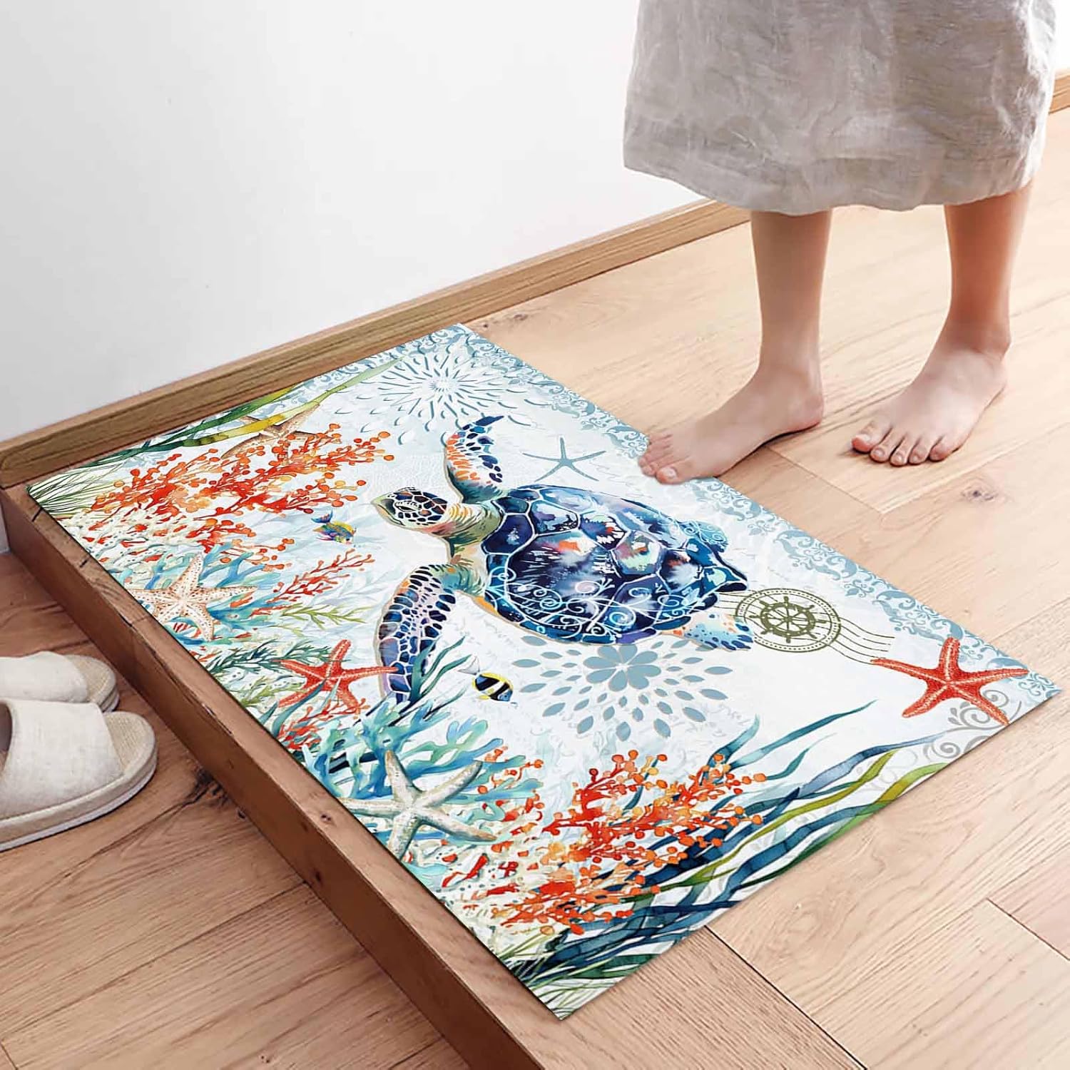 Retro Sea Turtle Front Door Mat Indoor Entrance, Starfish Coral Seaweed Non Slip Doormat Summer Coastal Absorbent Resist Dirt Floor Mats Washable Low Profile Inside Rugs for Entryway, 18''x30''