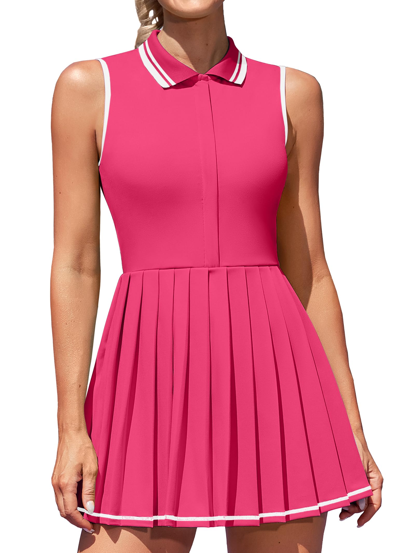 ATTRACO Women Tennis Dresses Ribbed Polo Golf Dress Half Zip Pleated Workout Dress with Built in Shorts and Bra